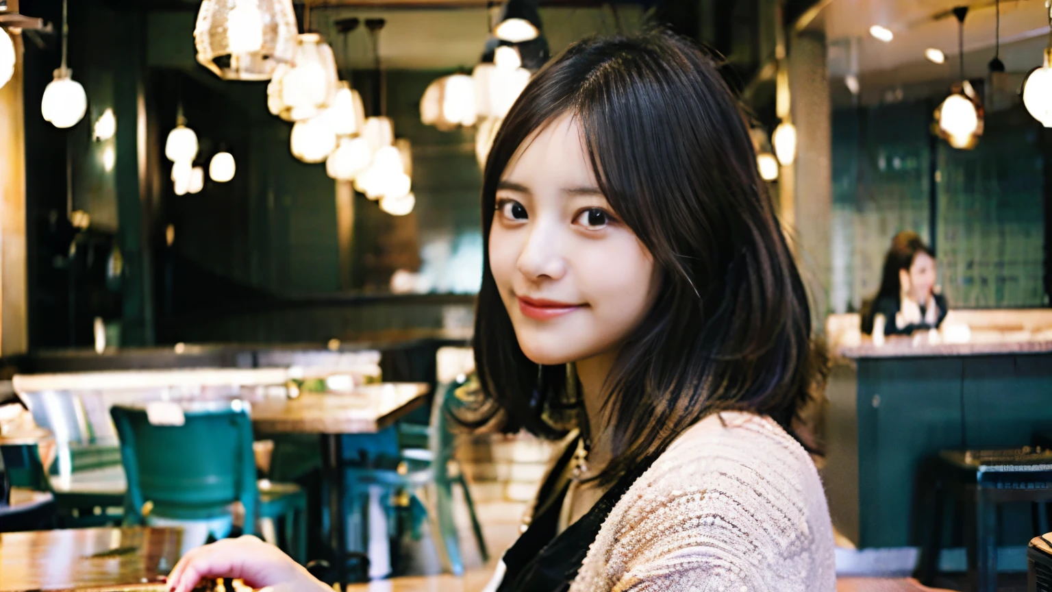 In a café in New York、A beautiful model-like woman is depicted as a Japanese female college student.。She has medium short brown hair.、I spread out my textbooks and notebooks on the table and study seriously.。The cafe is also crowded with other customers.、There is a lively atmosphere full of life.。In the background、You can see multiple staff working at the counter.、Makes the atmosphere of a city cafe more realistic。This scene is、Capturing the moment of a female college student who combines hard work and beauty.。