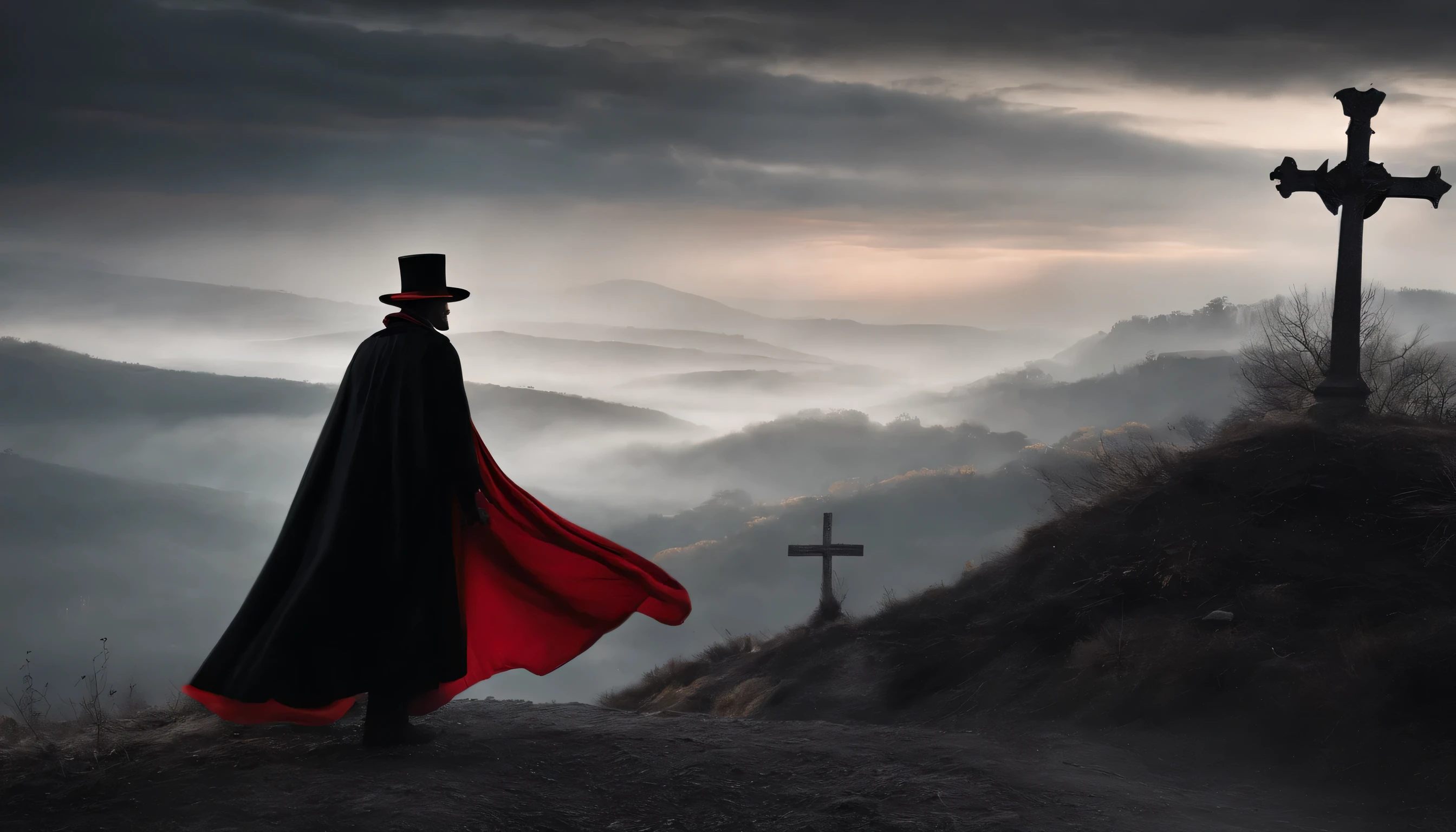 Describe an enigmatic man in a black and red hat, wearing red and black clothes and a black cape, who moves in the night wind. His face has a penetrating look, with strong features, vibrant and mysterious eyes. being in a mystical and mysterious environment under the moonlight and surrounded by crosses.
