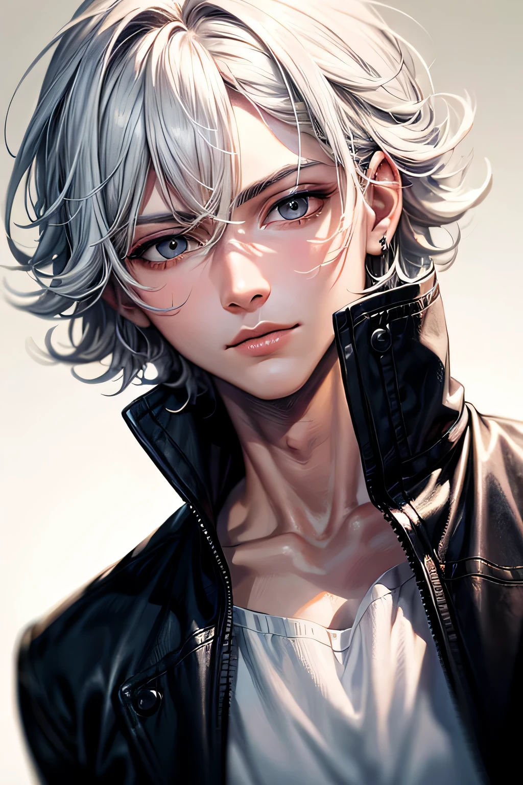 ((Masterpiece, top quality, Best quality), anime guy, 17 years, White hair, short hair, wild hair, Black eyes, Bright eyes, Perfect eyes, Very beautiful парень, Ultra Detail, Very beautiful
 