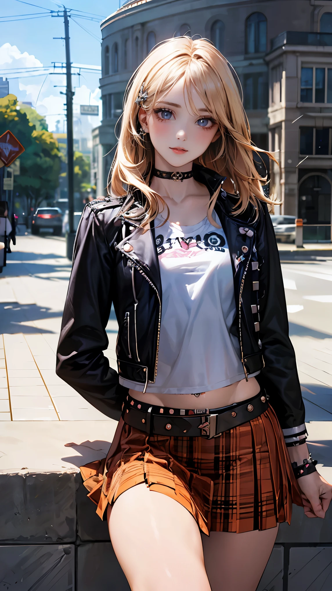 (masterpiece:1.2, highest quality), (realistic, photorealistic:1.4), beautiful illustrations, (natural side lighting, movie lighting), looking at the viewer, Upper body, (Front view), 1 girl, perfect face, Cute symmetrical face, shiny skin, baby face, long eyelash, (large breasts:0.3), (wide hips),beautiful hair, beautiful face, detailed and beautiful eyes, beautiful body, beautiful breasts, beautiful thighs, beautiful feet, beautiful fingers,(beautiful scenery),(cute smile:1.2, upper eye),Beautiful girl,alice liddell, Alice in Wonderland, blonde hair, hair band ribbon, (punk rock style: 1.5), punk rock jacket, stud pin jacket, belt choker, stud pin bracelet, (white flared skirt, long skirt), sexy,