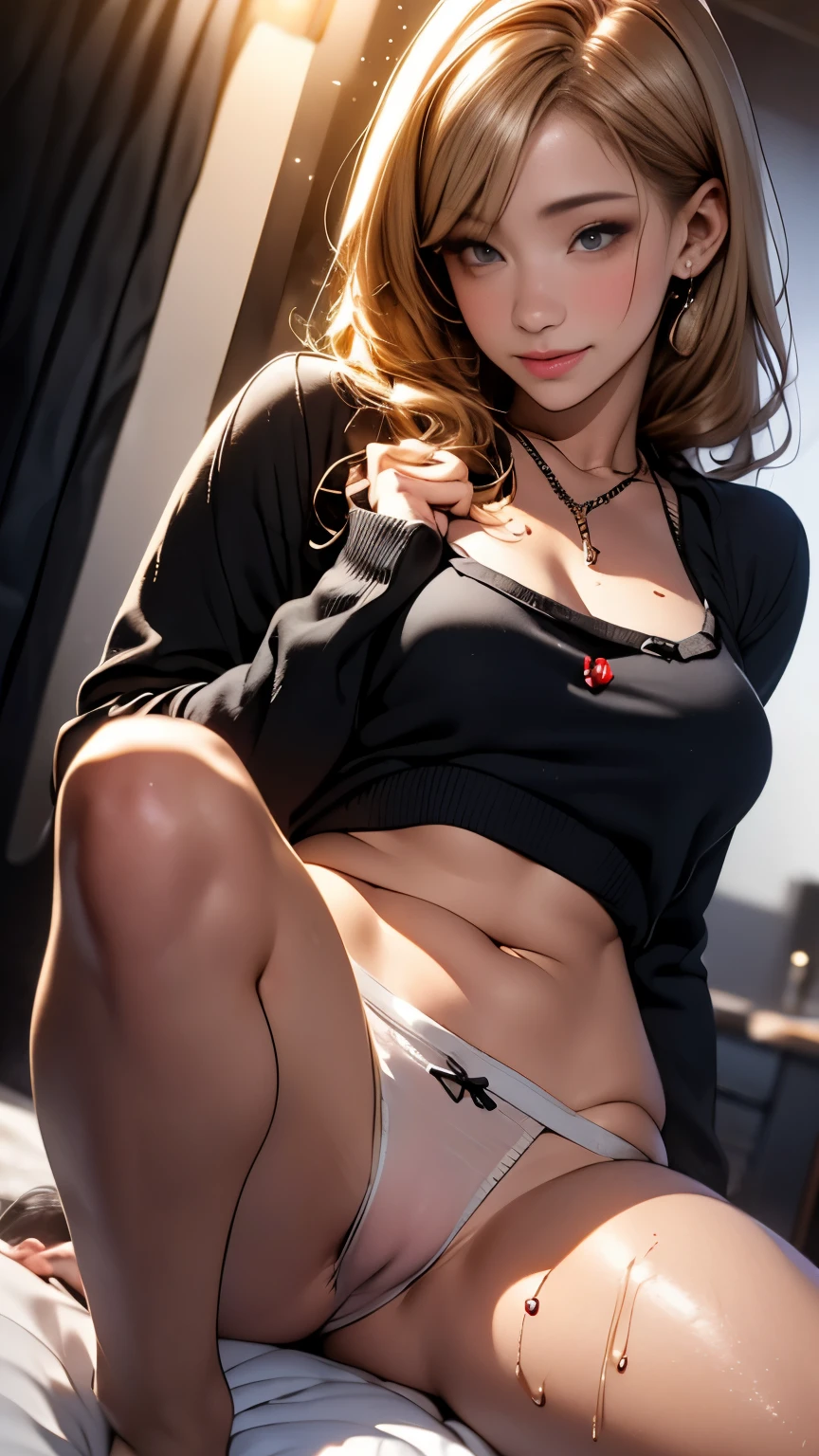 Realistic、emphasize cleavage、 side view、Close-up looking up from below、18 year old girl(((grab your chest with both hands)))、Wearing a gray sweater、My breasts have grown、slight smile、sexyなポーズ、i am sweating、redness of cheeks、Blonde braid hair、Bedroom、sexually、sexy、white panties、plump thighs、Bend your knees and spread your legs wide、on the bed、wet body