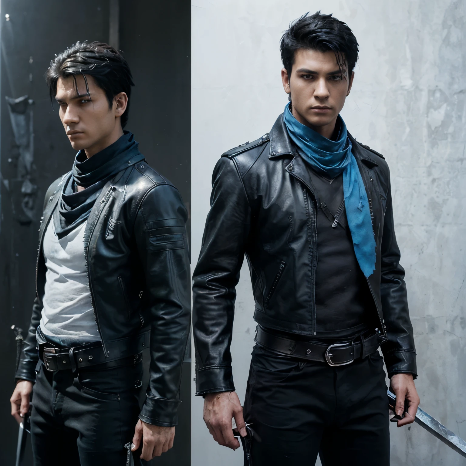 ((best quality)), ((Masterpiece)), ((realistic)) 21 years old, man, short spiky black hair, (((blue scarf, black shirt, black pants, leather jacket, sword on belt))), serious face,  (((Detailed character sheet, front view, side view, three quarter view))) (((white background))) 6 full heads