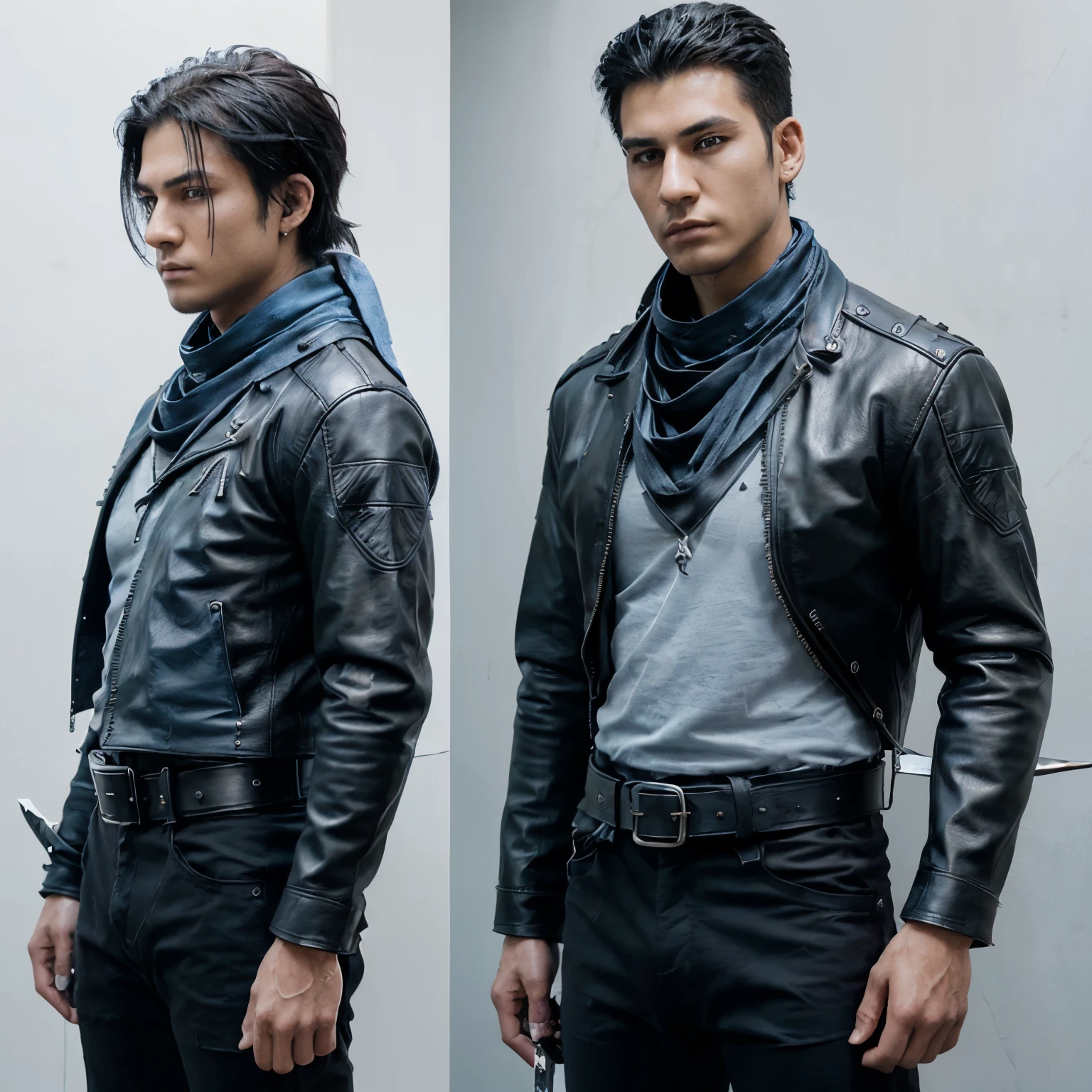 ((best quality)), ((Masterpiece)), ((realistic)) 21 years old, man, short spiky black hair, (((blue scarf, black shirt, black pants, leather jacket, sword on belt))), serious face,  (((Detailed character sheet, front view, side view, three quarter view))) (((white background))) 6 full heads