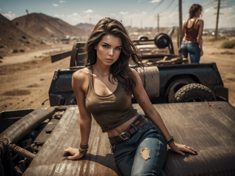 (16k, ultra detailed image, perfect-skins), (Full-length photo 1:1), fallout universe, young woman 29 years old, Beautiful face, long brown hair, (slim body : 1.3), she wears old skinny jeans, a tight beige tank top, leather belt, a pair of muddy rangers on her feet, full body view, pit-boy 2000, she's sitting in the back of a rusty pickup truck.