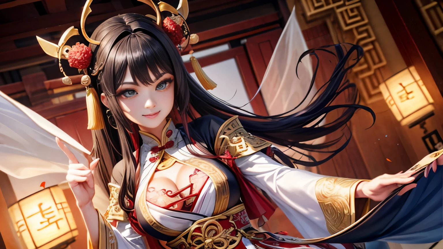 High resolution, 1 female, hip up, beautiful eyes, Ring-shaped eyes, jewelry, tattoo, Hanfu, chinese fairy, taoist uniform、cleavage、smile、3D rendering