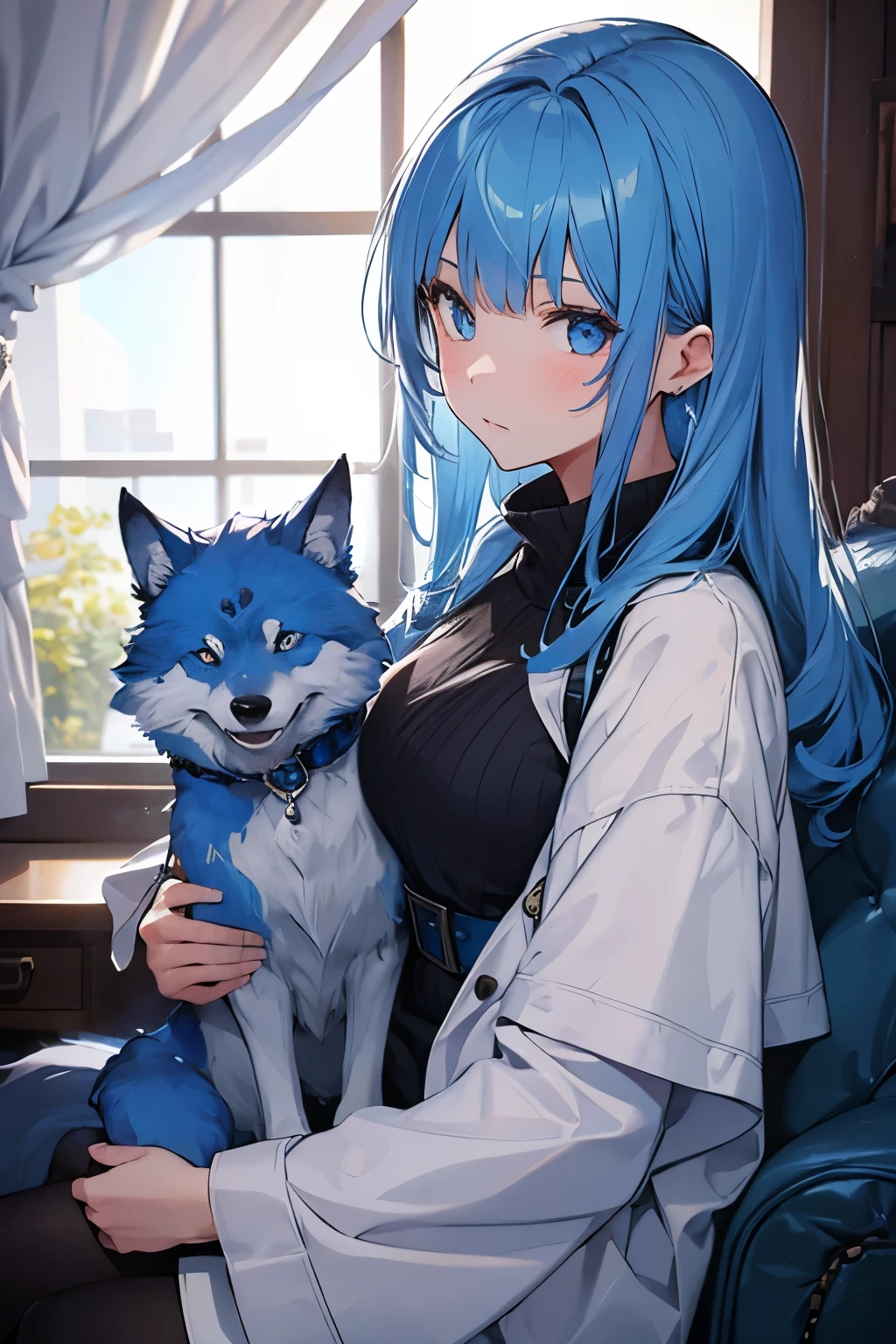A girl with blue hair and a wolf cut holding a blue rose