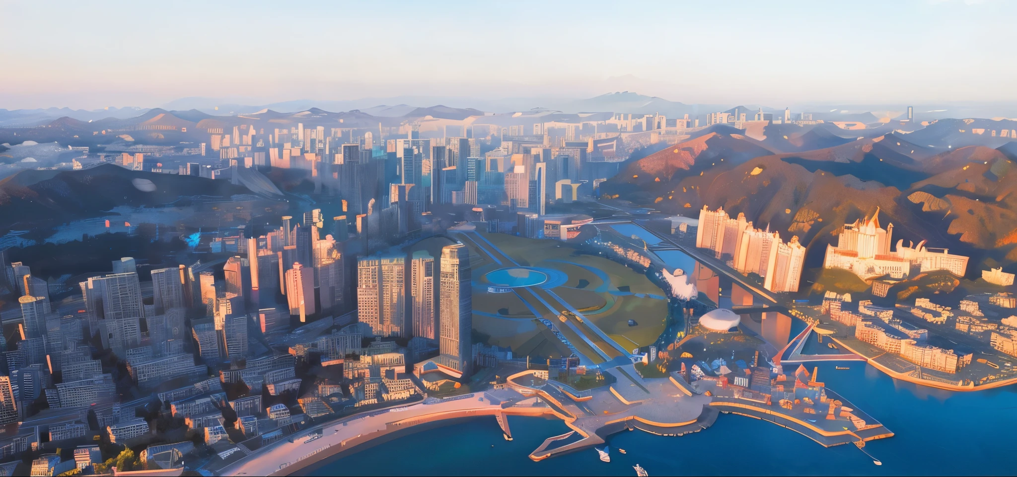There is a huge circular square,The square is a green lawn,A circular pool in the center of the square,Buildings on both sides of the square,Behind is the green mountain,There are buildings in the distance,overlooking angle,natural light,blue sky,images of asian landscapes,There are mountains and birds in the sky, In the style of otherworldly fantasy scenes, Light cyan and gold, Intricate map world, Hyper-realistic illustration, romanticized cityscape, Detailed character illustrations, organic shapes and curves, --v6