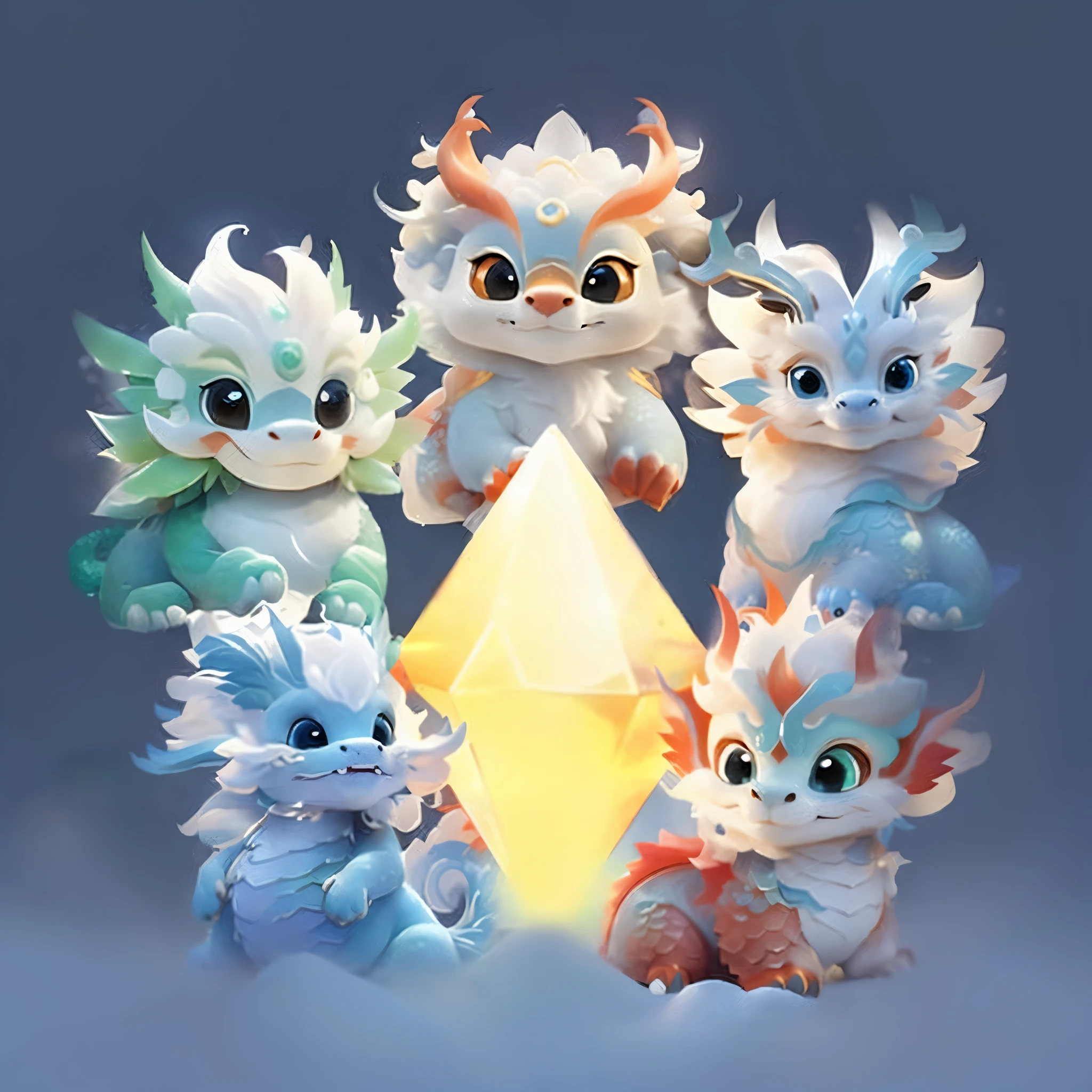 five Chinese dragon babies with different shapes and colors work together to lift up a diamond-shaped crystal, 3D cartoon image, large eyes, Chinese traditional elements, high definition, high resolution, solid color background, adorable fantasy style