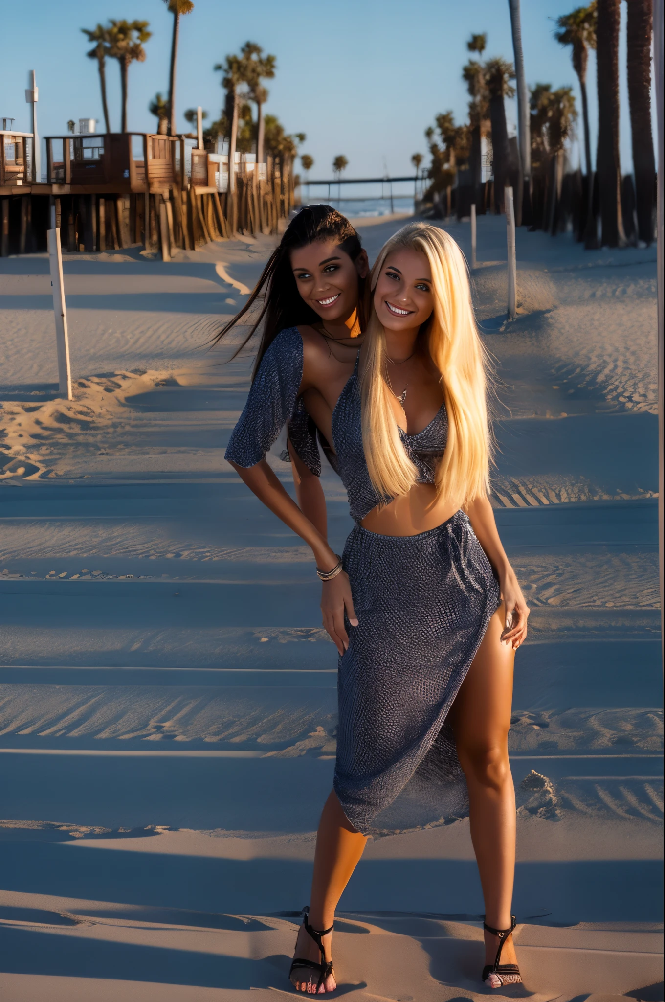 2heads, two headed girl, age 24, pretty, summer clothes, on beach boardwalk, blonde,