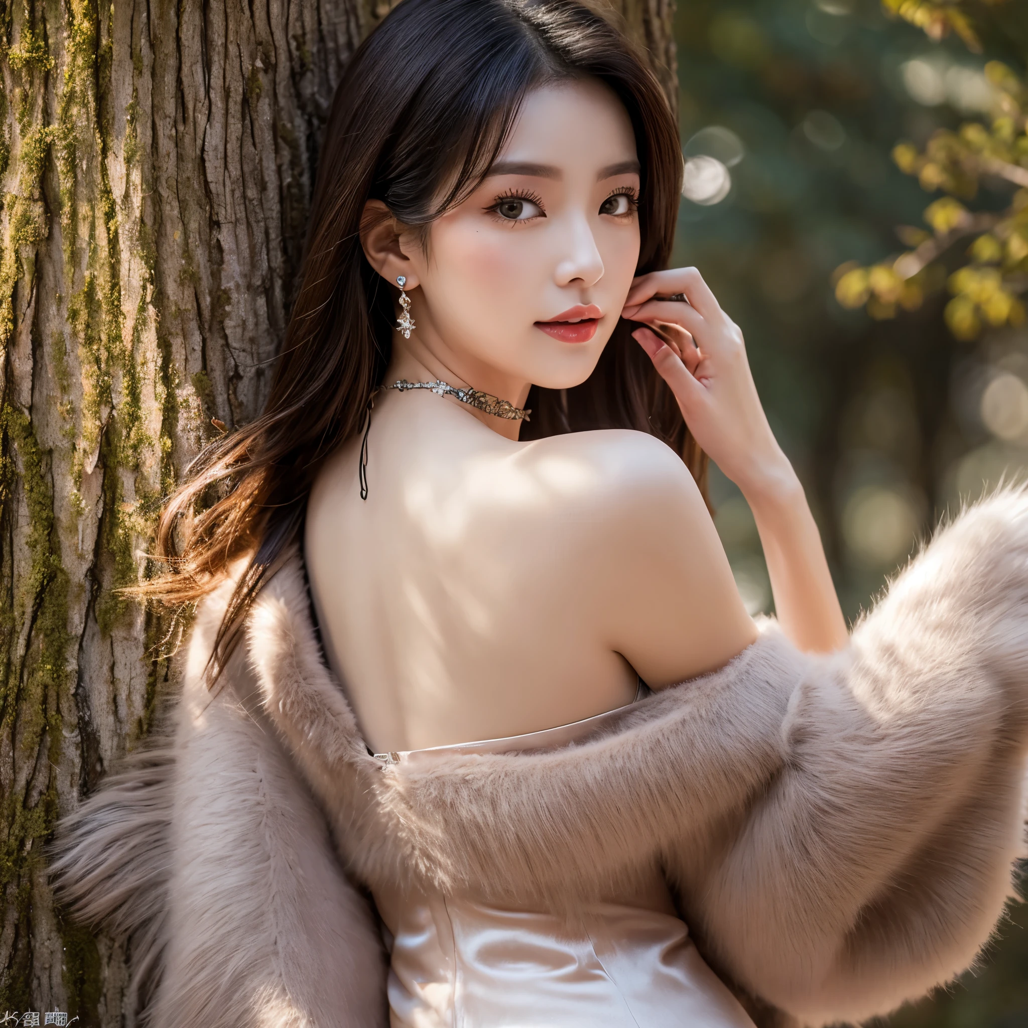best qualityer, 8K, tmasterpiece, A high resolut ion, 1girll, Red blackClear silk porcelain dress, Fur coat, hair adornments, ssmile, Keep one's mouth shut, cparted lips Big ass, Shoulder, shif t dresses, hair adornments, choker necklace, j ewely, Chinese outfit, long whitr hair, Nipple Ring, Detailed beautiful eyes, detailed eyelashe S, beautiful face, after sexing_Body, Tyndall eff ect, realisticlying, edge lit, twotonelighting, (highdetailskin: 1.2) , 8K, Ultra HD, digital SL R camera, gentle illumination, high high qualit y, Volumetriclighting, Frankness, photore, A high resolution, Bokeh, at a forest, Falling sno W, Winters, in the afternoon