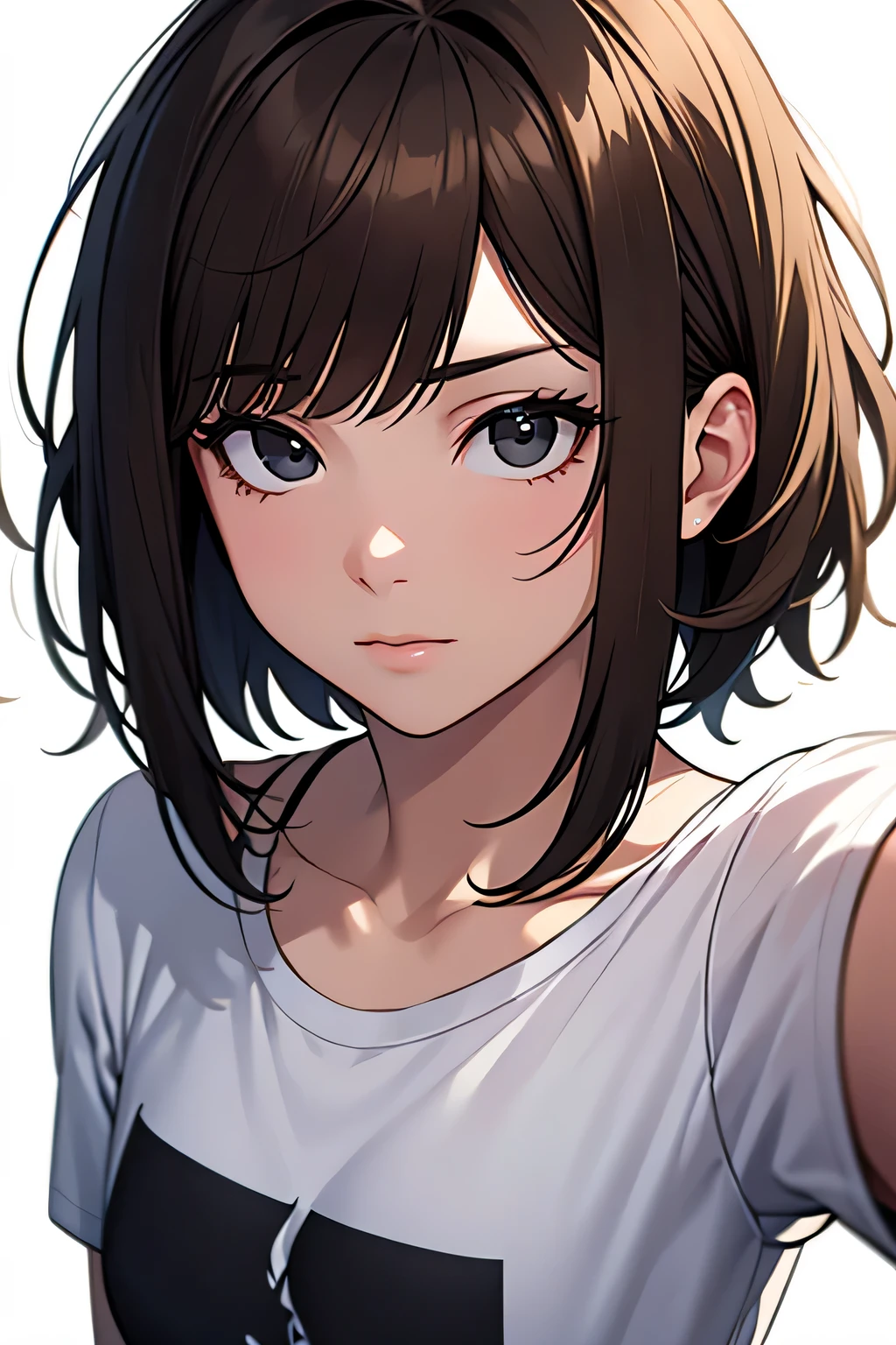 masterpiece, High resolution, 高精細CG Unity 8K,realistic,RAW photo, beautiful and detailed face,detailed hair texture, beautiful face, Accurate, anatomically correct, symmetrical eyes, (black eye),thin,(small breasts),(light brown hair), (very short hair),(messy hair:1.1),(asymmetrical bangs), (tight fit t-shirt),(white background),elevation angle,selfie