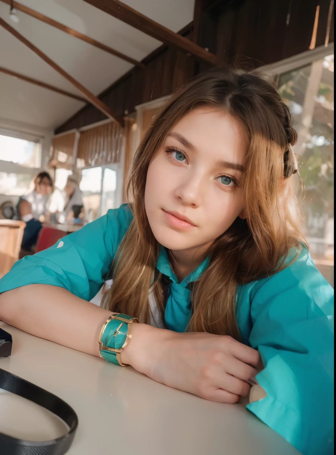 ((masterpiece,best quality, high resolution)), 1girl, solo, green eyes, blonde long hair tied with blue ribbon, blunt bangs, sitting, folded arms on the table, sleep on the folded arms, school uniform, white serafuku, red sailor collar, short sleeves, white pleated skirt, (in library), dramatic light, beside window, afternoon light through the window, afternoon, bokeh effect
