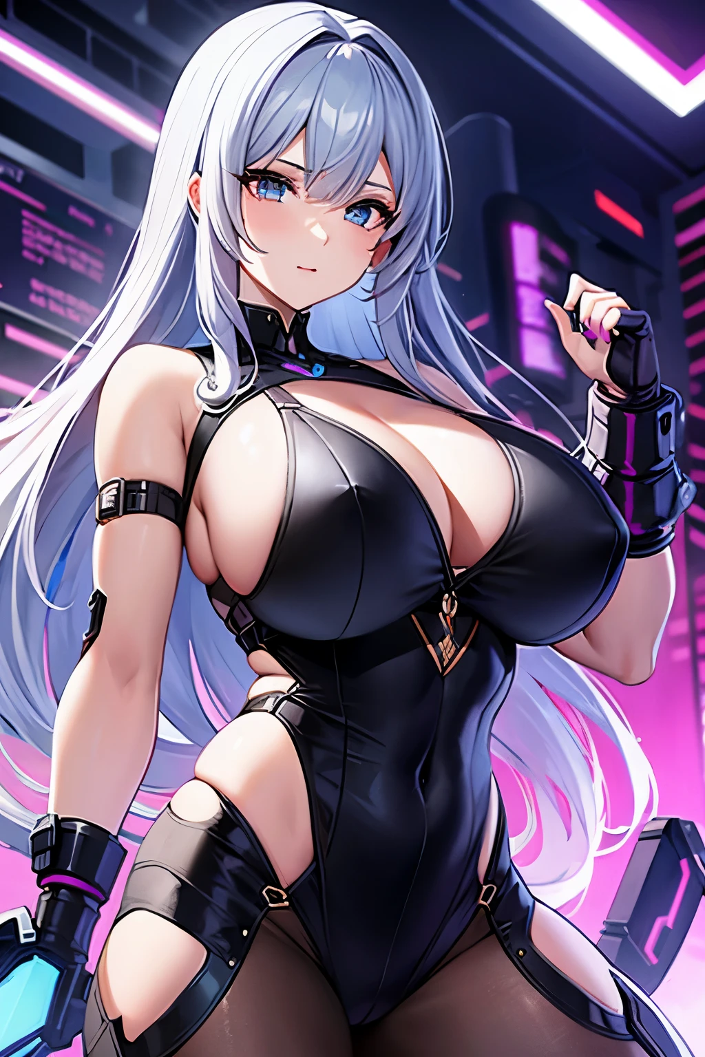 Beautiful girl, machine, futuristic city, cute face, big breasts, cleavage,