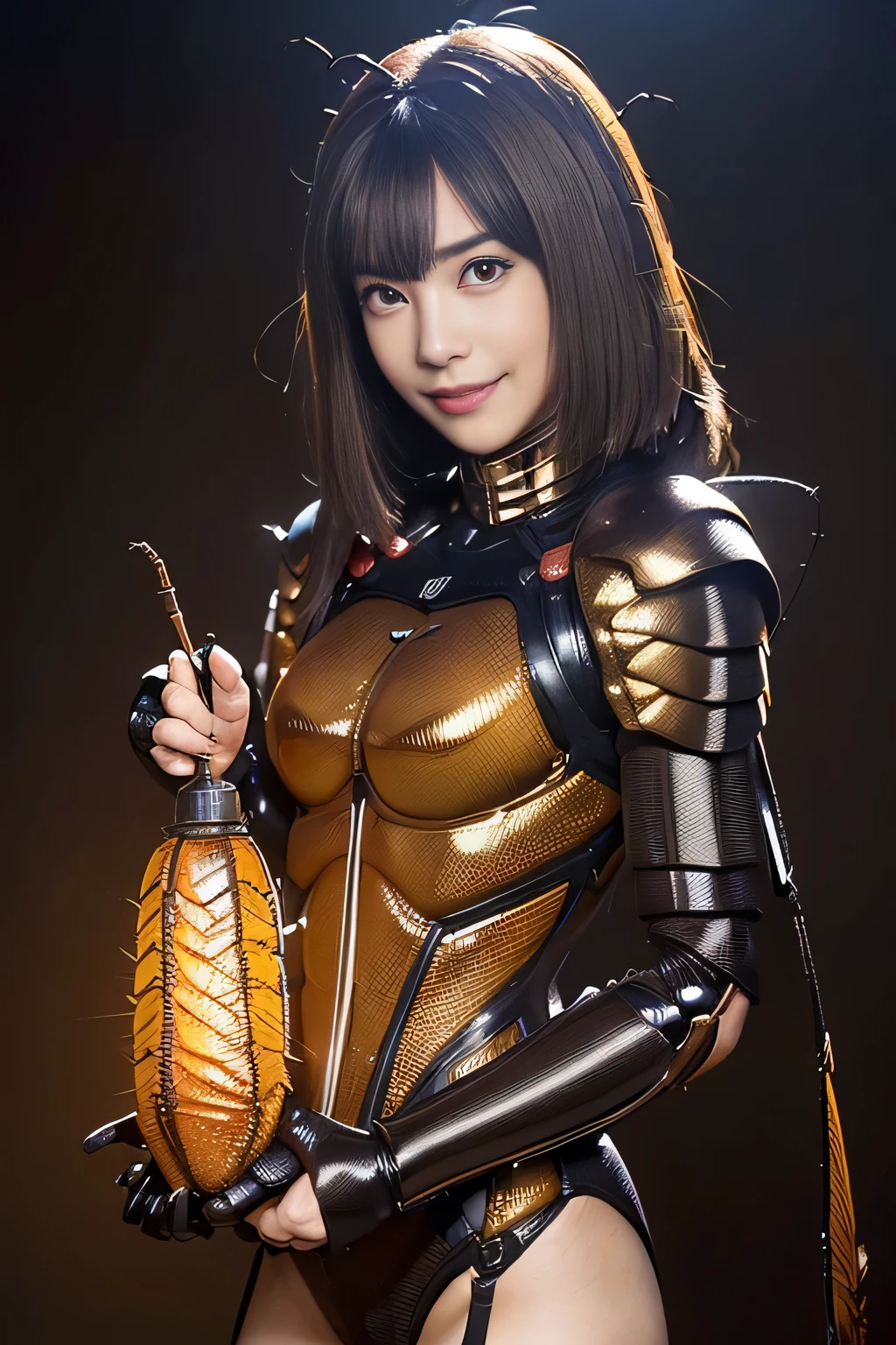 (High resolution,masterpiece,highest quality,Very detailed CG, anime, official art:1.4), realistic, photograph, amazing detail, everything is complicated, shiny and glossy,Amazing number of layers, 8K wallpaper, 3D, sketch, cute, figure,( alone:1.4), perfect female proportions,villain&#39;s daughter, (Fusion of dark brown cockroach and lady:1.4), (brown cockroach woman:1.2), (brown cockroach woman:1.2), (Fusion:1.2), (alone:1.4), (evil smile:1.2), muscular, abs, (Cockroach brown exoskeleton bio insect suit:1.4), (Cockroach brown exoskeleton bio insect armor:1.2), (brown transparent cockroach feathers:1.4), (Antennae of brown cockroaches:1.3),