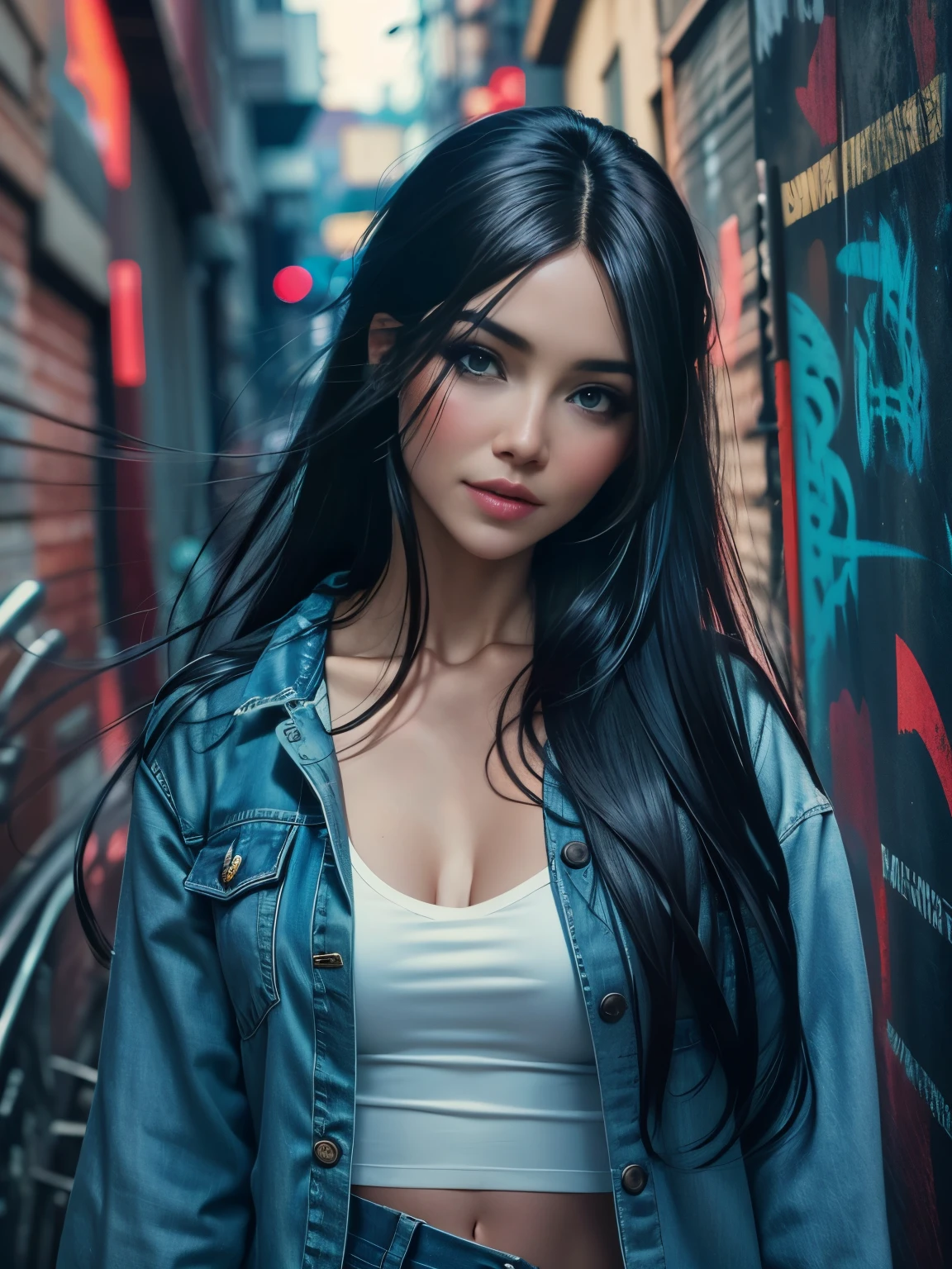 photorealistic, high resolution, 1 beautiful female, long straight hairstyle, black hair, denim streetwear, background back alley street, dynamic pose, dramatic, chromatic aberration. 