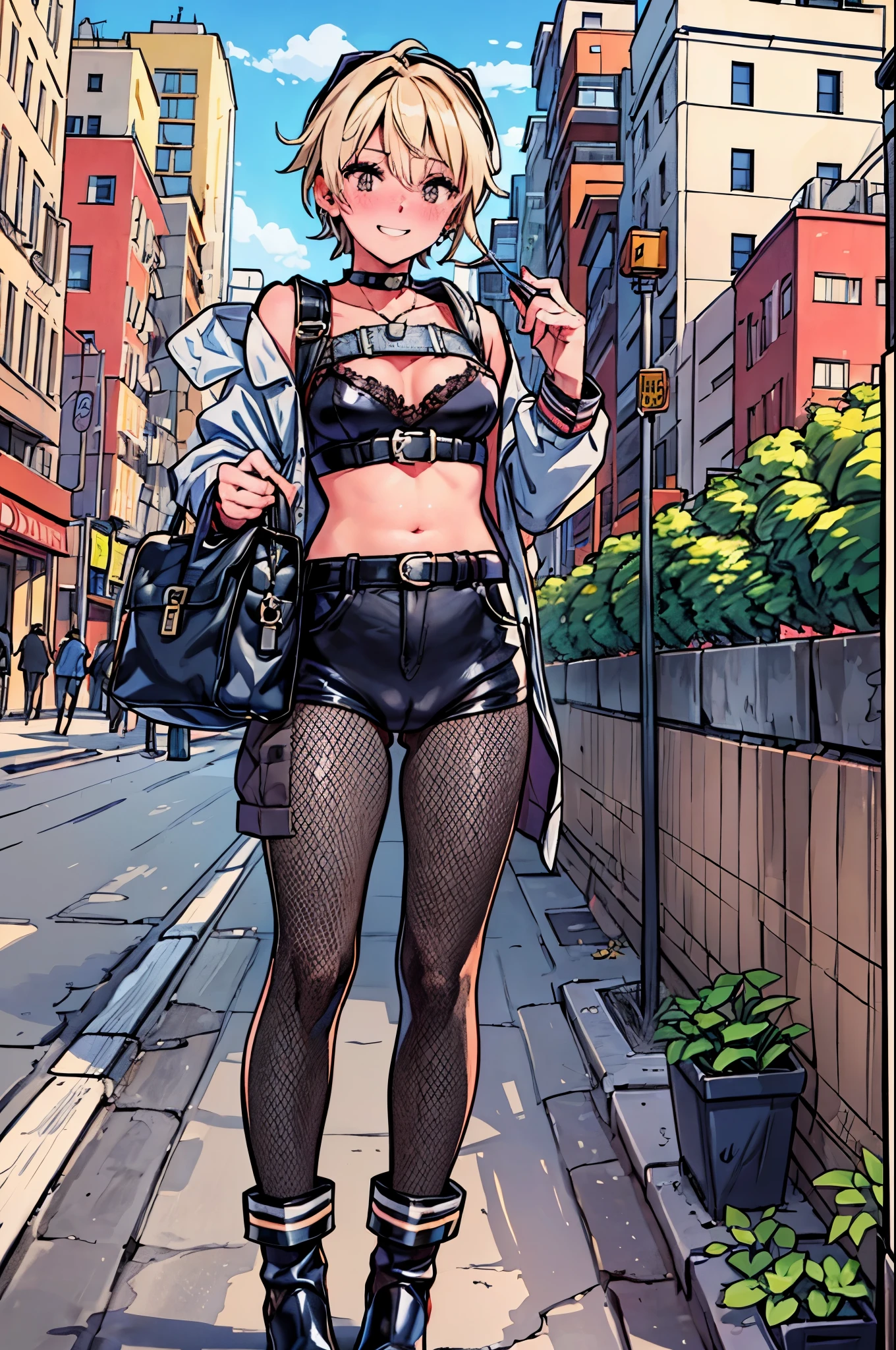 "best quality,ultra-detailed,((background:outside the park1,8)),(one boy),(full body),portraits,((sissy boy,tomboy,FemBoy,trap1,8)),bulge1,8,(natural makeup),black choker,necklace,earrings,(short blonde hair),boy's face,boys body,((nose-blush)),((grin)),((street-casual-style)),(Parker),(fishnet-pantyhose),(engineer-boots),(he’s having shoulder bags),vibrant colors,soft lighting"