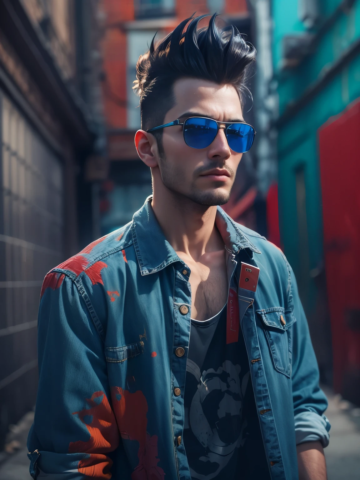 photorealistic, high resolution, 1 rugged male, red sunglasses, black pompadour hair, blue denim streetwear, background back alley street, dynamic pose, dramatic, chromatic aberration.