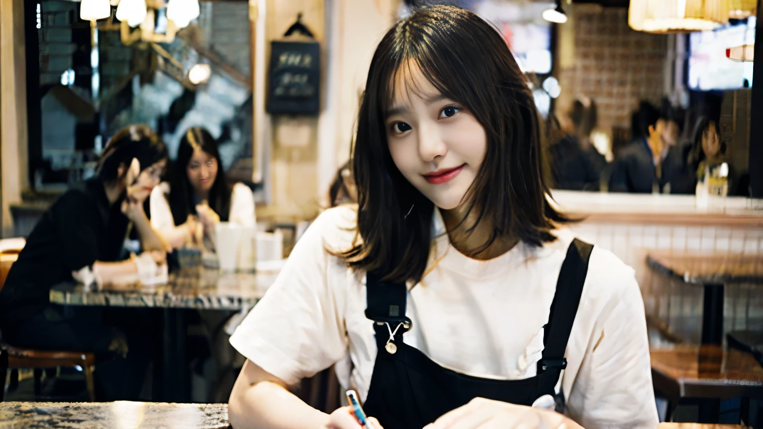 In a café in New York、A beautiful model-like woman is depicted as a Japanese female college student.。She has medium short brown hair.、I spread out my textbooks and notebooks on the table and study seriously.。The cafe is also crowded with other customers.、There is a lively atmosphere full of life.。In the background、You can see multiple staff working at the counter.、Makes the atmosphere of a city cafe more realistic。This scene is、Capturing the moment of a female college student who combines hard work and beauty.。
