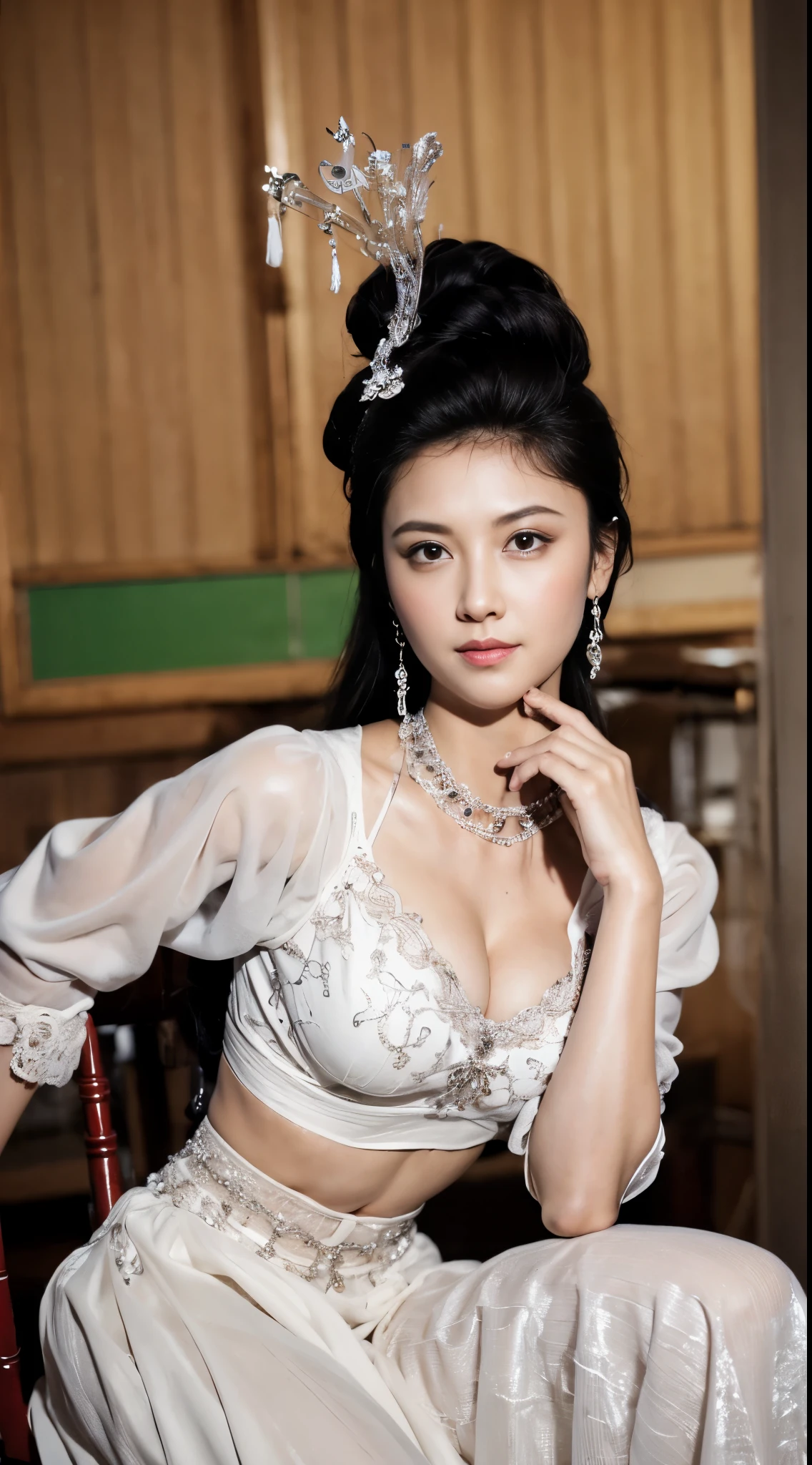 ((midnight, need, 8k, masterpiece:1.3)), Full body female love, height 1.7 meters,Leg length, focus:1.2, Beautiful woman with perfect body:1.4, Slim abs:1.1, ((Dark brown hair, :1.2 )), (female teacher,Deep V white shirt,mini skirt,high heels 1.2), (sit on the chair,Classroom:1.3)), Highly detailed face and skin textures, exquisite eyes, double eyelids,big breasts,color