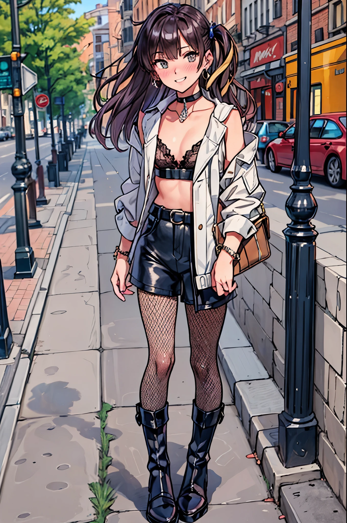 "best quality,ultra-detailed,((background:outside the park1,8)),(one boy),(full body),portraits,((sissy boy,tomboy,FemBoy,trap1,8)),bulge1,8,(natural makeup),black choker,necklace,earrings,(short blonde hair),boy's face,boys body,((nose-blush)),((grin)),((street-casual-style)),(Parker),(fishnet-pantyhose),(engineer-boots),(he’s having shoulder bags),vibrant colors,soft lighting"