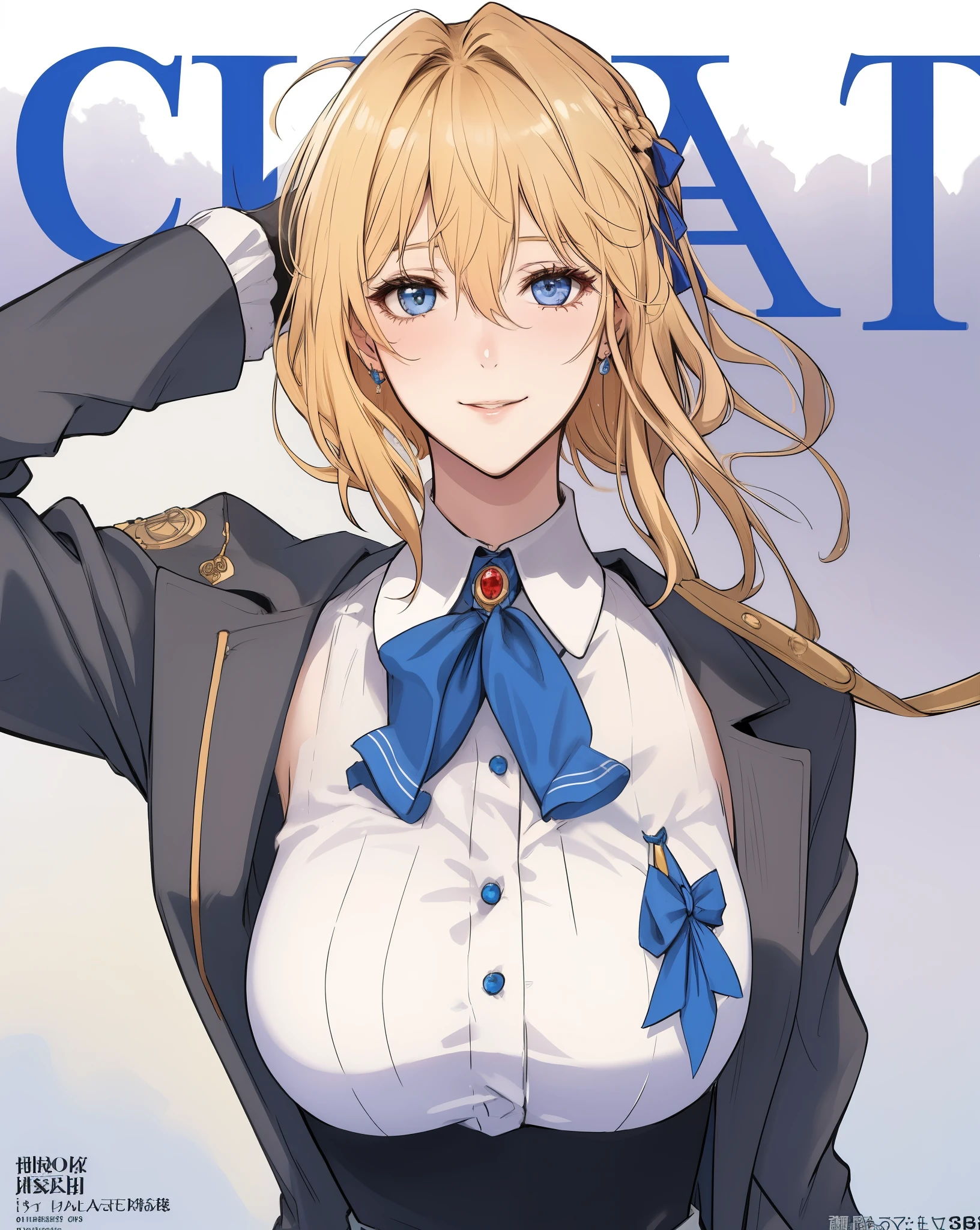 masterpiece, best quality, highres, (presenting panties:1.3), hands, 1girl, blonde hair, gloves, ribbon, blue jacket, dress, red ribbon, hair ribbon, blue eyes, hair between eyes, jewelry, jacket, long sleeves, brooch, ascot, bangs, braid, white ascot, white dress, hair intakes, skirt, large breasts, violet evergarden \(series\), violet evergarden, smile, panties, upper body, magazine cover,