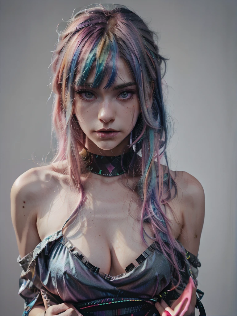 a young woman with bright, rainbow colored hair posing for the camera, 1girl, solo, multicolored hair, pink hair, blue hair, looking at viewer, bangs, bare shoulders, upper body, blunt bangs, simple background, 1 mole under right eye, best quality,sharp focus, perfect hands, perfect light,almond eyes,  gouache, illustration,amazing colors, textures, cartoonish, face, character, textures, 