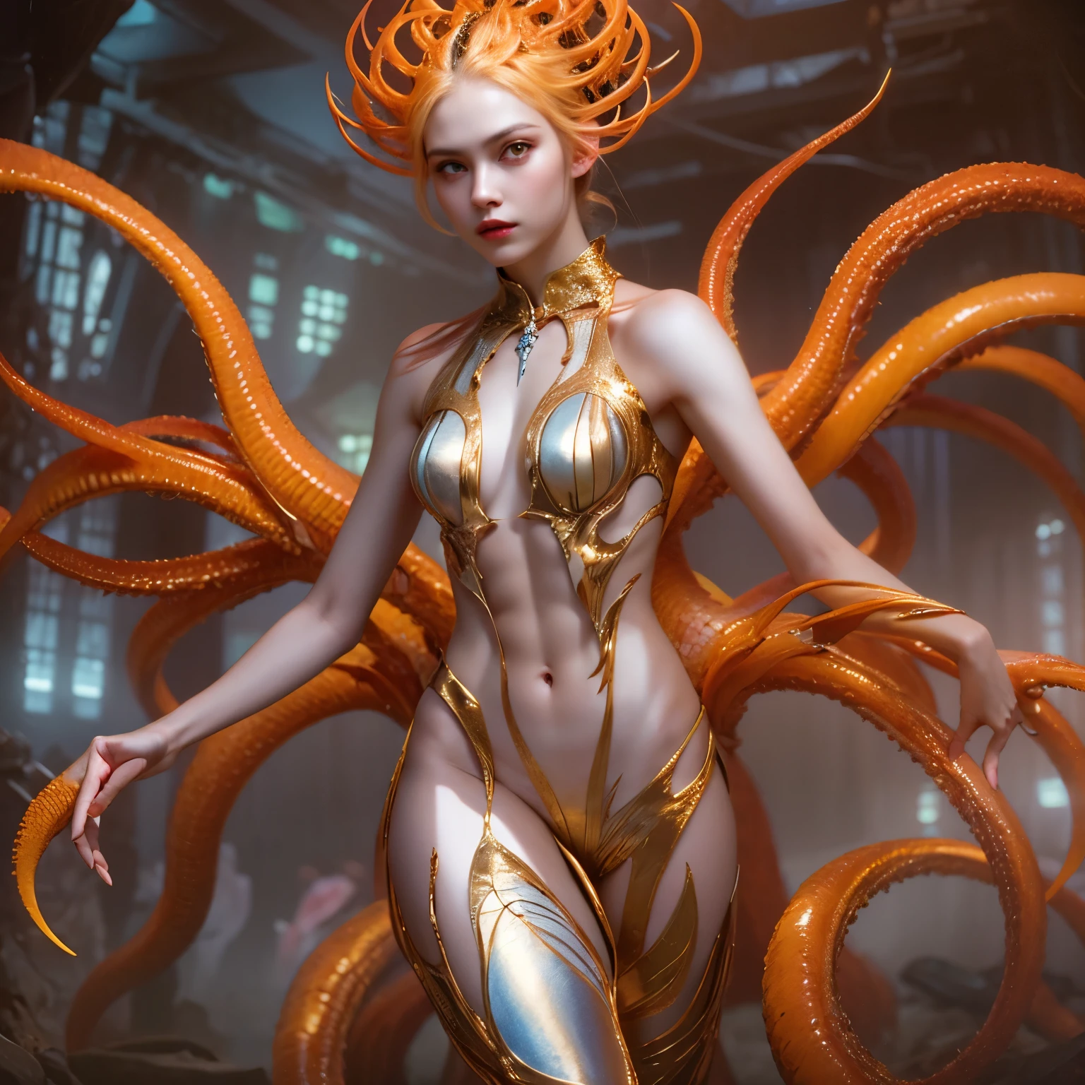 (1 female Alien: 1.2), With a beautiful, enchanting face, this alien seduces us with her allure. Her captivating red eyes gleam brightly, reminiscent of burning embers. Her full body is unlike any human's, boasting a sexy, otherworldly form. No humans are present in this scene as she stands alone, her cells fused in a unique and intriguing extraterrestrial way.
(extraordinary beautiful nude photo:1.4), (glowing metallic orange eyes:1.5), (sexy and glamorous:1.1), (coquettish expression:1.2), toned lean body, (muscular:1.2), (beautiful abs:1.5), beautiful nipples, She has lots of iridescent translucent tentacles instead of her hair, pale skin, (white skin with prominent veins:1.3),
Lots of iridescent translucent tentacles adorn her body, shimmering under the dramatic lighting. Her pale skin, with a hint of translucency, adds to her ethereal allure. This masterpiece, rendered in
