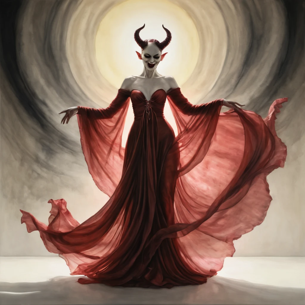 High Resolution, High Quality . Mark Ryden-style alcohol ink color sketch featuring a woman entangled in a dance with a devil, masterful graphic composition, woman draped in flowing fabric contrasting with devil's sharp features, interplay of ethereal and sinister, volumetric light accentuating the dynamic forms, ultra fine details capturing a captivating tableau, reminiscent of a breathtaking surreal masterpiece.