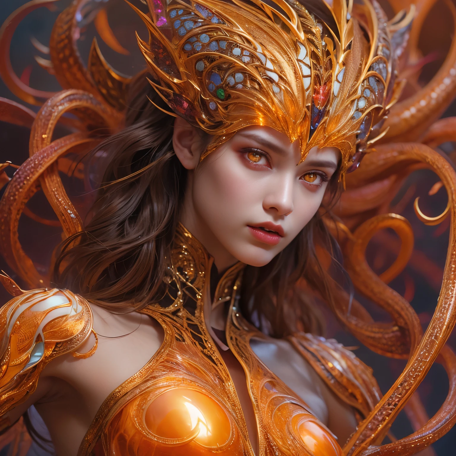 (1 female Alien: 1.2), With a beautiful, enchanting face, this alien seduces us with her allure. Her captivating red eyes gleam brightly, reminiscent of burning embers. Her full body is unlike any human's, boasting a sexy, otherworldly form. No humans are present in this scene as she stands alone, her cells fused in a unique and intriguing extraterrestrial way.
(extraordinary beautiful nude photo:1.4), (glowing metallic orange eyes:1.5), (sexy and glamorous:1.1), (coquettish expression:1.2), toned lean body, (muscular:1.2), (beautiful abs:1.5), beautiful nipples, She has lots of iridescent translucent tentacles instead of her hair, pale skin, (white skin with prominent veins:1.3),
Lots of iridescent translucent tentacles adorn her body, shimmering under the dramatic lighting. Her pale skin, with a hint of translucency, adds to her ethereal allure. This masterpiece, rendered in