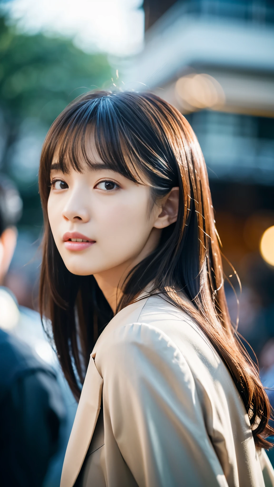 korean woman、Realistic photo shoulder length hair、light makeup、 size、wearing a coat、clear facial features、8K high resolution、Sharp, realistic details、from the outside、eye level shot、background blur、full body esbian、f / 4.0、135mm、fuji film、jpegartifacts、dithering、nffsw、masterpiece