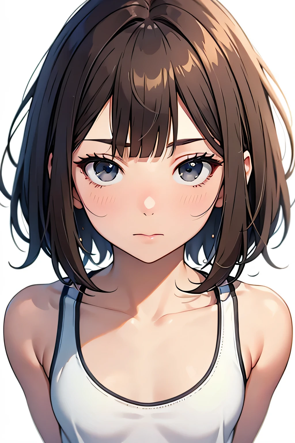 masterpiece, highest quality, 高精細CG Unity 8K,RAW photo, beautiful and detailed face, detailed hair texture,beautiful face, Accurate, anatomically correct,symmetrical eyes, stunned look,(1 girl). slender body shape, small breasts, beautiful clavicle, light brown hair, short hair, messy hair, asymmetrical bangs, white tank top, (black eye),(portrait),(white background:1),(Shot above),
