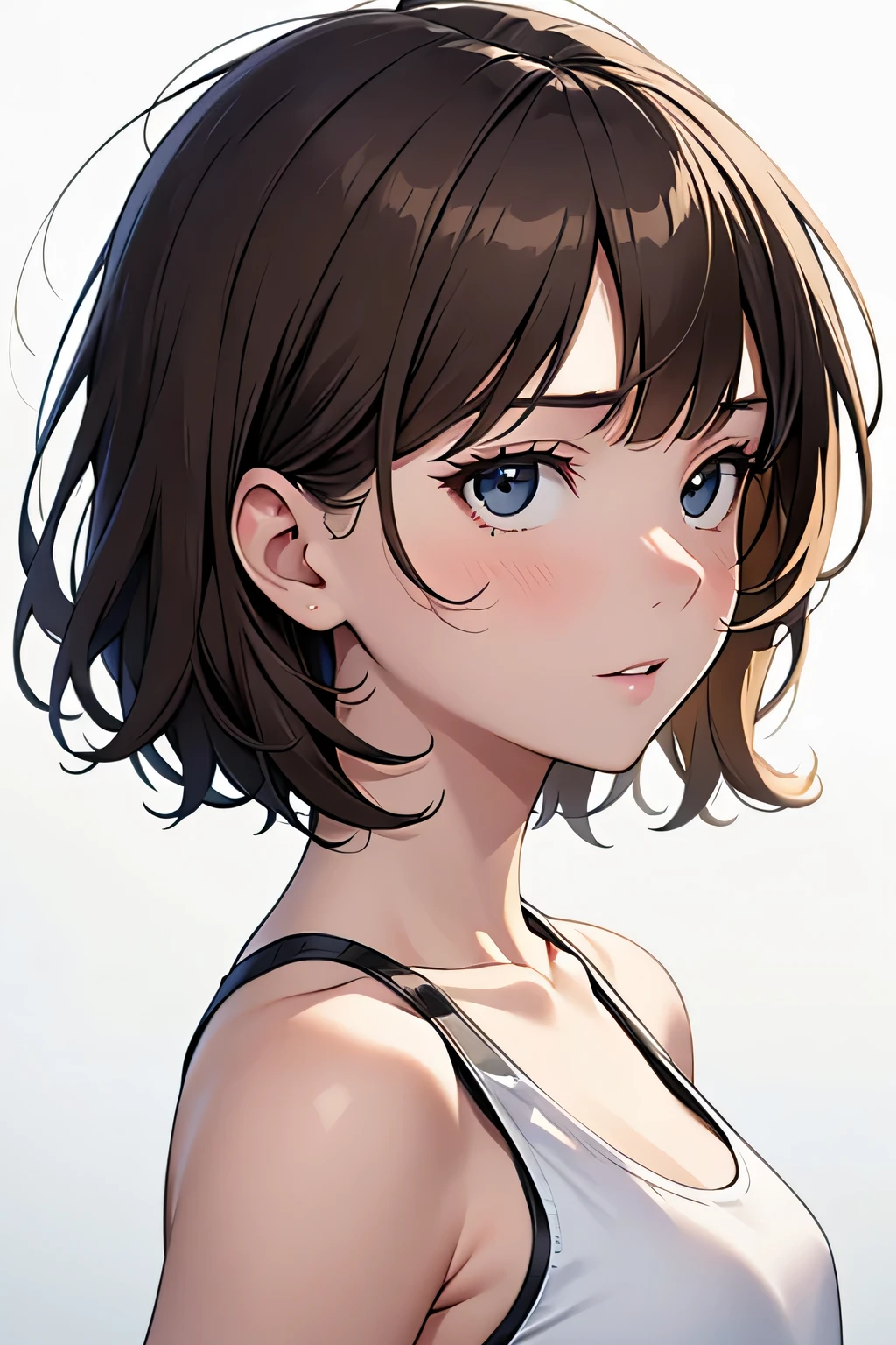 masterpiece, highest quality, 高精細CG Unity 8K,RAW photo, beautiful and detailed face, detailed hair texture,beautiful face, Accurate, anatomically correct,symmetrical eyes, stunned look,(1 girl). slender body shape, small breasts, beautiful clavicle, light brown hair, short hair, messy hair, asymmetrical bangs, white tank top, (black eye),(portrait),(white background:1),(From the side)