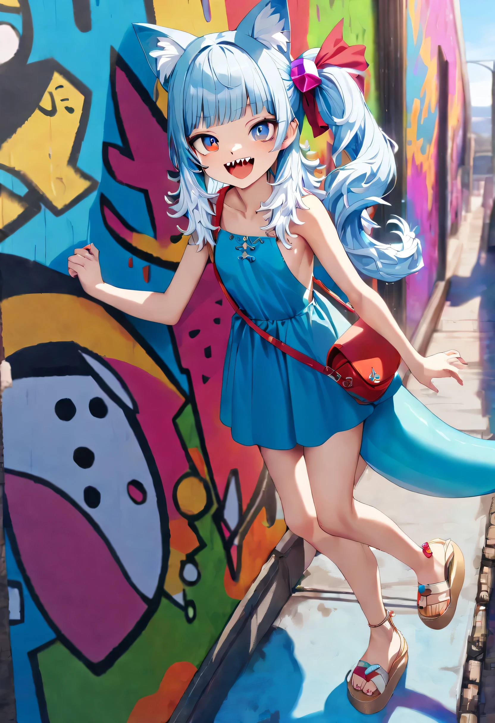 (Reimu:1.3), masterpiece, high quality, houshouBikini, high resolution, Ridiculous, Super detailed, delicate eyes, 8k, Titanium embedded_Kobo Canaero, 1 girl, colorful eyes, fangs, open mouth, Bangs, Colorful background, looking at the audience, Energetic, contrast, gradient hair, happy, graffiti wall background, water splash, close up, small breasts, two-dimensional, masterpiece, best quality, Japanese cartoons, Very detailed, whole body, 1 girl, alone, mouth_there is nothing, blue dress, Cat ears, Side Mao Insult, Cube hair accessories, sandals, :d, sharp teeth, shark tail, Shoulder Bags,  Shore town