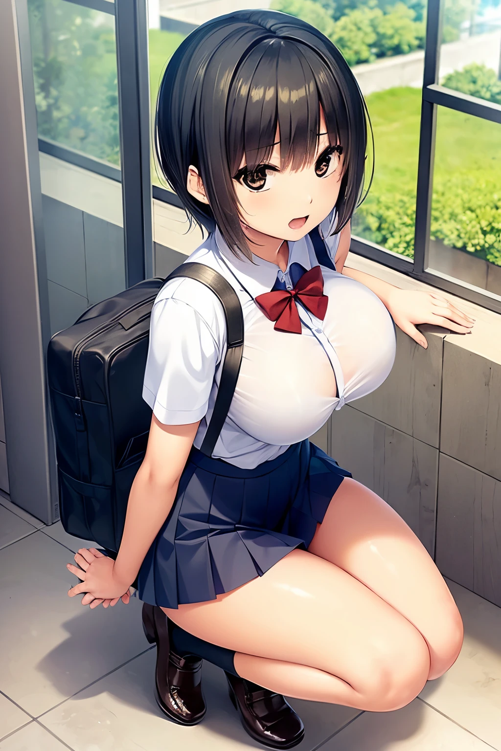 (masterpiece, highest quality, super detailed), (sumika), 1girl,  (slim:1.7), short hair, black hair, (big breasts:1.6), raised, Wet , Sweat,  beautiful face,  (Big eyes:1.5), cute,  fog,   (school uniform:0.6), (white shits:1.4), (Pleated skirt:1.4)  (from side:1.5),  JP SCHOOL UNIFORM, bra showing through clothes, pink bra, JS_ShortSkirt, (micro mini skirt:1.5), at school, window, (full body:1.5), white panty, 