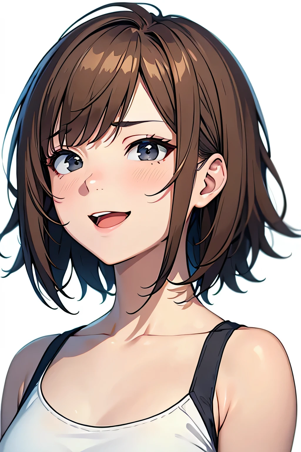 masterpiece, highest quality, 高精細CG Unity 8K,RAW photo, beautiful and detailed face, detailed hair texture,beautiful face, Accurate, anatomically correct,symmetrical eyes, stunned look,(1 girl). slender body shape, small breasts, beautiful clavicle, light brown hair, short hair, messy hair,(embarrassing:1),(Troubled laughter:1.2),it hurts,asymmetrical bangs, white tank top, (black eye),(portrait),(white background:1),(Front view),