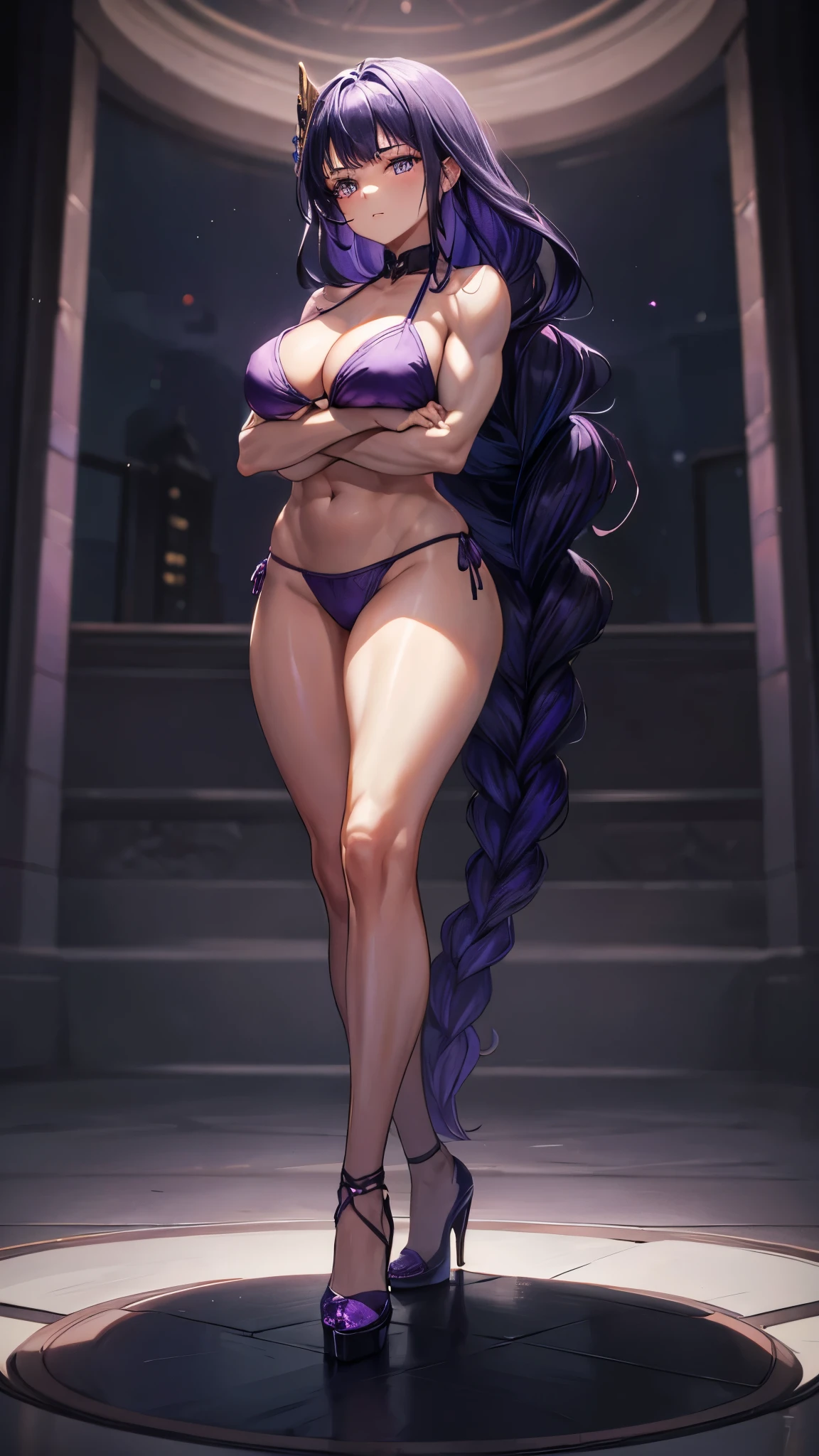 1 girl, alone, beautiful, (((thick and muscular thighs))), thin arms, medium to large breasts, (((wearing a Purple bikini))), nails painted purple, (inside the castles at night), cold eyes, Realistic students, bad mood, highly detailed eyes, (((full body shot))), {{{bare legs}}},(wearing a purple high-heeled shoe), perfect anatomy, (((in standing with arms crossed))), good anatomy, good composition, muscular belly, narrow waist, lubrication of the skin in the groin area, oily skin, eye reflection, bright eyes, anime, anime style, cinematic lighting, Glow, Light bright, ray tracing, shadow, Sony FE, panorama, high definition, anatomically correct, super detail, High details, best quality, high resolution, high definition, 16K