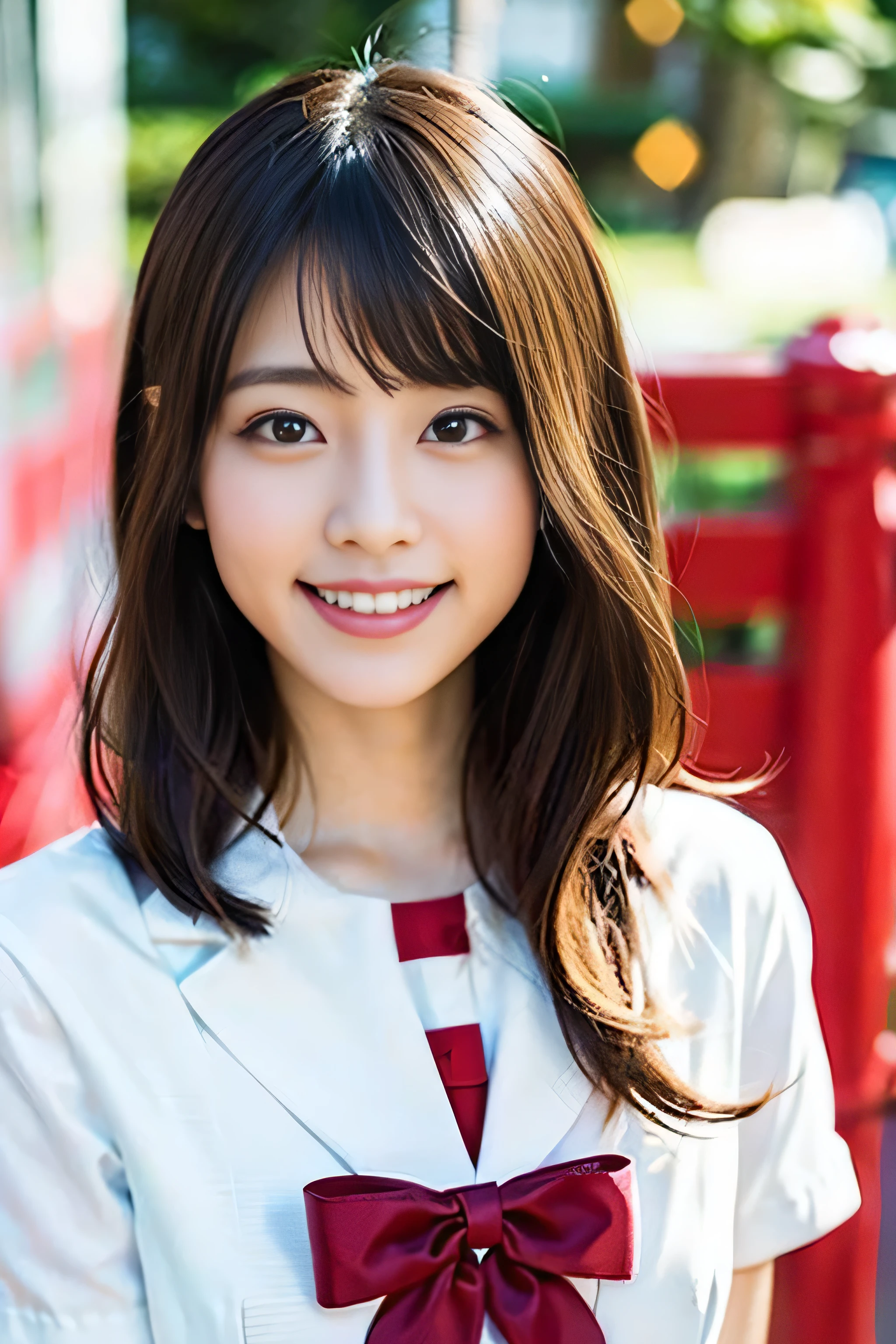 (8k、RAW photo、highest quality、masterpiece:1.2)、(realistic、Photoreal:1.37)、Super detailed、超A high resolution、1 girl、see the beholder、beautiful and detailed face、laughter、narrow、(slim waist) :1.3)、Fine and beautiful skin、skin texture、floating hair、professional lighting、as a whole human body、long hair、blonde、Japanese high school uniform、sailor suit、admission fees、、bob hair、E cup、smile、16 years old、red ribbon、baby face、Young Smile、no makeup、moisturizing lips、Light pink lip、nostalgic countryside