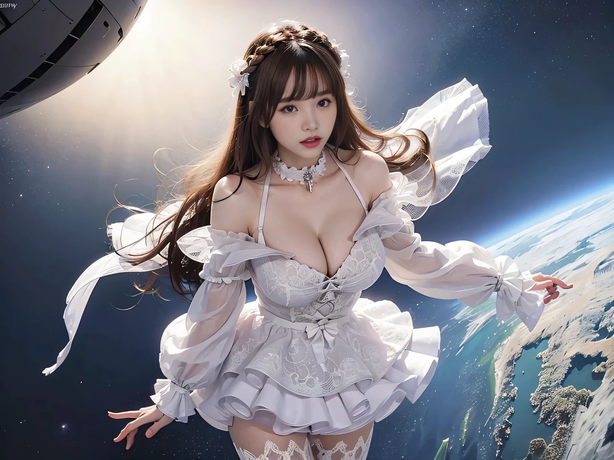 (Raw photography、4K、​masterpiece、hight resolution、very intricate)(Photorealsitic:1.4), Cinematic Lighting 1 Girl, solofocus, Wet、 full body Esbian,large full breasts、Chest exposed、cleavage of the breast、wide open ass、pubick hair、Slim waist、eyes are brown、Background inside the spacecraft、There are a lot of futuristic meters、(( ​masterpiece:1.2)), top-quality, top-quality,Official art,the Extremely Detailed CG Unity 8K Wallpapers, artbook, a picture, realistic silver armor))), (Brown hair long hair), dishevled hair、a mecha girl, machine components, A space station, Expressive Hues, Vibrant Palette,B deficiency and white clothes、dorothy \(nikke\), defdress, altdress