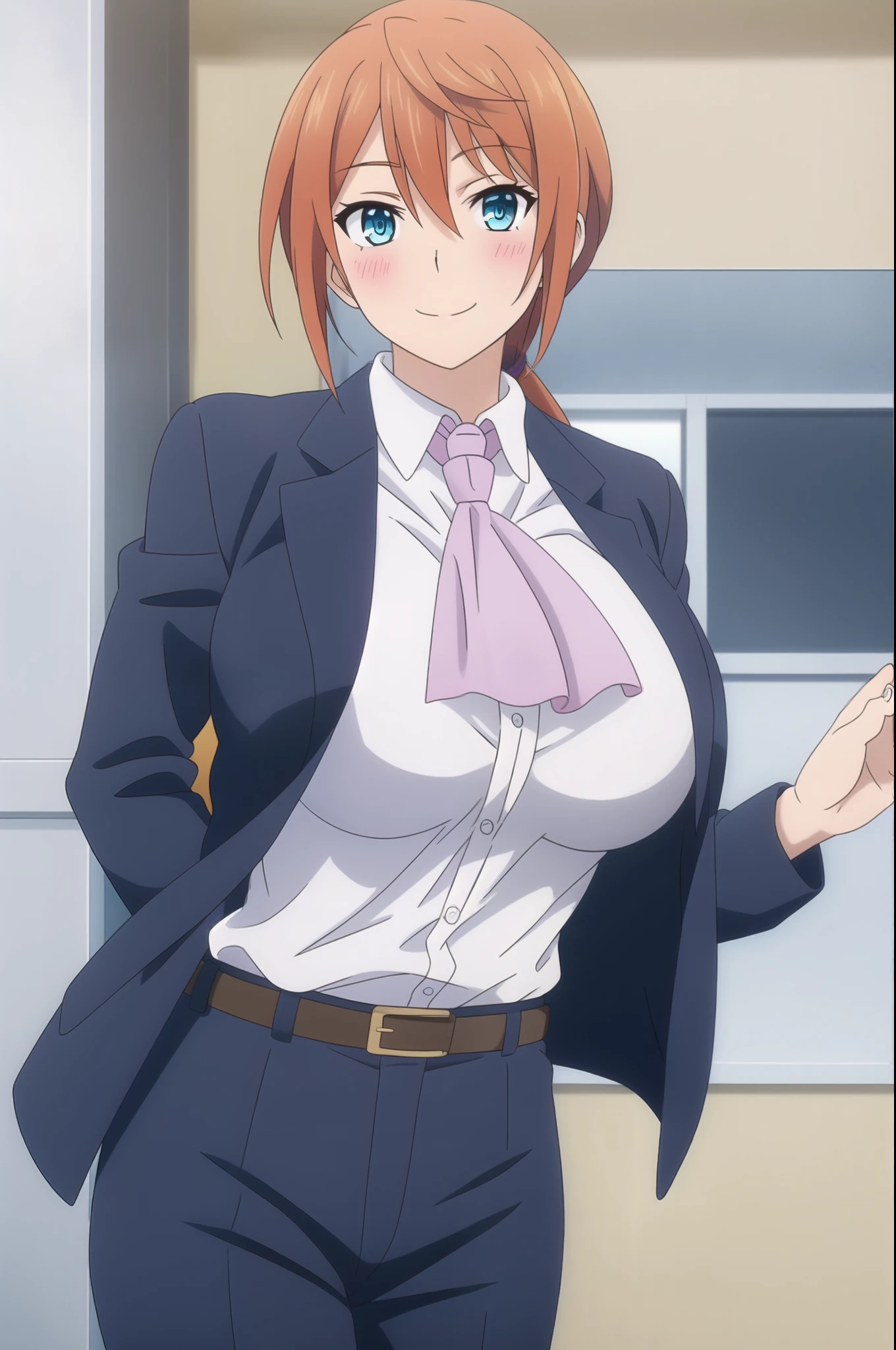 1girl, solo, long hair, looking at viewer, blush, smile, huge breasts, orange hair, blue eyes, shirt, school uniform, jacket, ponytail, ascot, pants, belt
