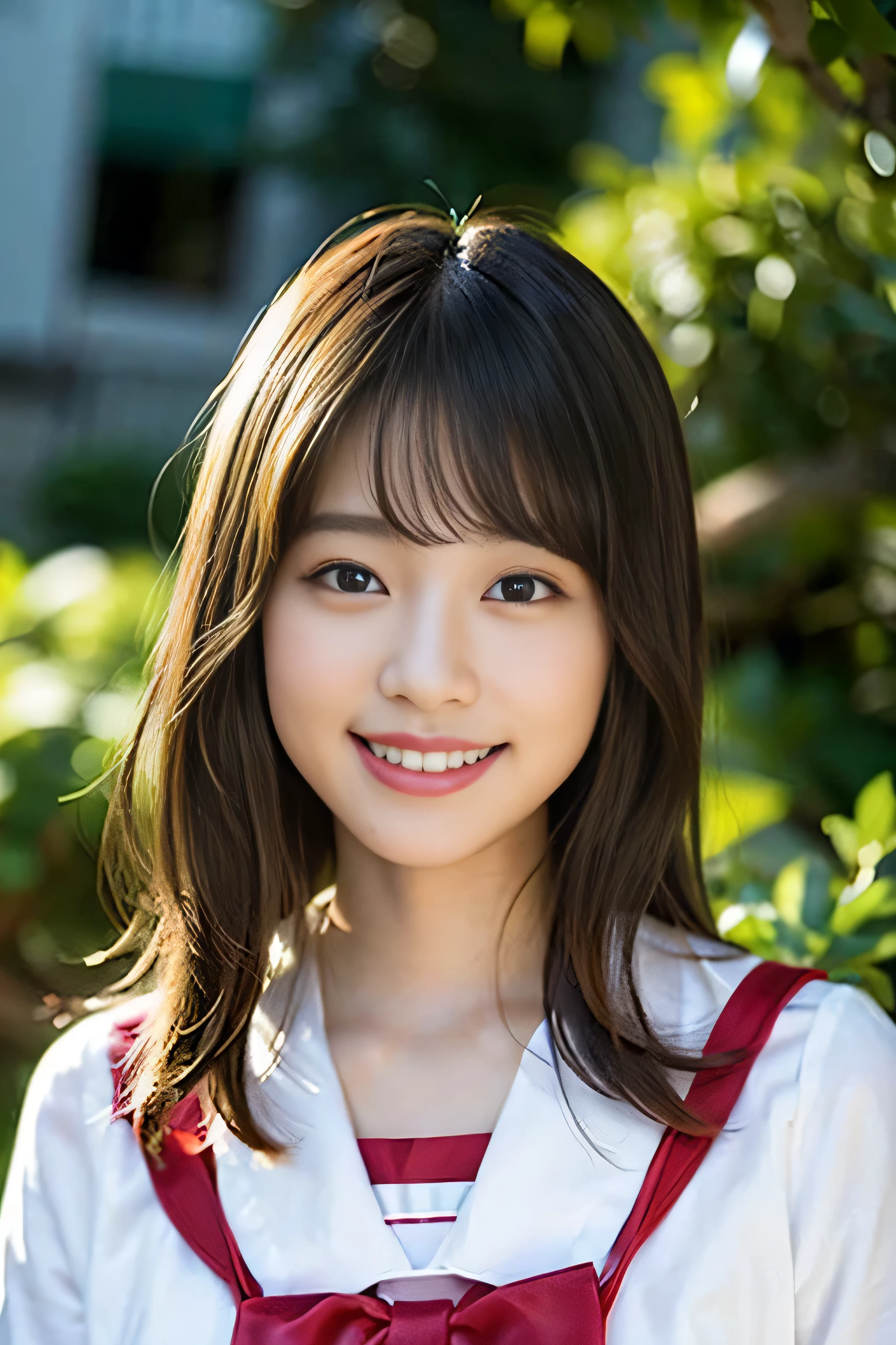 (8k、RAW photo、highest quality、masterpiece:1.2)、(realistic、Photoreal:1.37)、Super detailed、超A high resolution、1 girl、see the beholder、beautiful and detailed face、laughter、narrow、(slim waist) :1.3)、Fine and beautiful skin、skin texture、floating hair、professional lighting、as a whole human body、long hair、blonde、Japanese high school uniform、sailor suit、admission fees、、bob hair、E cup、smile、、red ribbon、baby face、Young Smile、no makeup、moisturizing lips、Light pink lip、nostalgic countryside