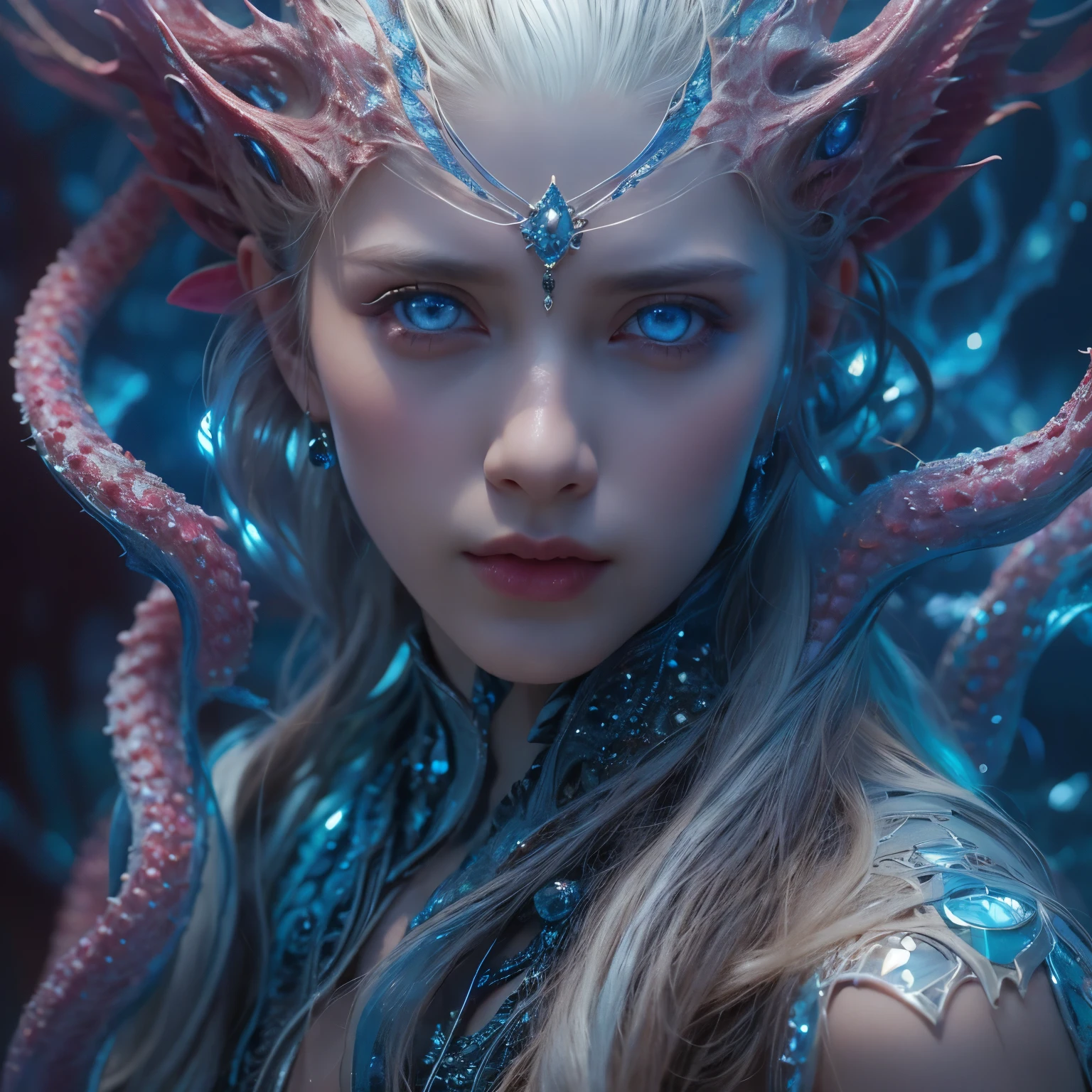 (A portrait of one beautiful and obscene female alien in the sea, who is a young teenager:1.4), ((There is a female genital-like organ in the middle of her forehead:1.8)), (realistic face:1.2), (Numerous award-winning masterpieces, with incredible detail, textures and maximum detail), artistic photography, midnight aura, unreal engine 5, Ultra Sharp Focus, art by Amano Yoshitaka, ArtGerm, Roisch, intricate artwork, ultra realistic realism, high resolution, High freshness, drawing faithfully, official art, Unity 8K Wall paper, ultra detailed artistic photography, dream-like, Creation of fantasy, dream Snail, (biopunk nautilus:1.3),Thrilling color schemes, seductively smiling, Amazing mutation, well-proportioned body, goddess of the deep sea, fractal, Geometric pattern, impossible figures, (translucent white tentacles with luminescent organs:1.4), subtle emerald green accents, (smiling seductively:1.3),(She has the most beautiful face in the history of the universe:1.5), Penelope Cruz, (she is looking down at viewers with glowing iridescent eyes with no pupils:1.3), an evil gaze that seduces, cinematic lighting, (Vampire-like long canine teeth can be glimpsed through the gap between the cute lips:1.3), in the hall of the palace, Sweet breath is exhaling from beautiful lips, ecstatic expression