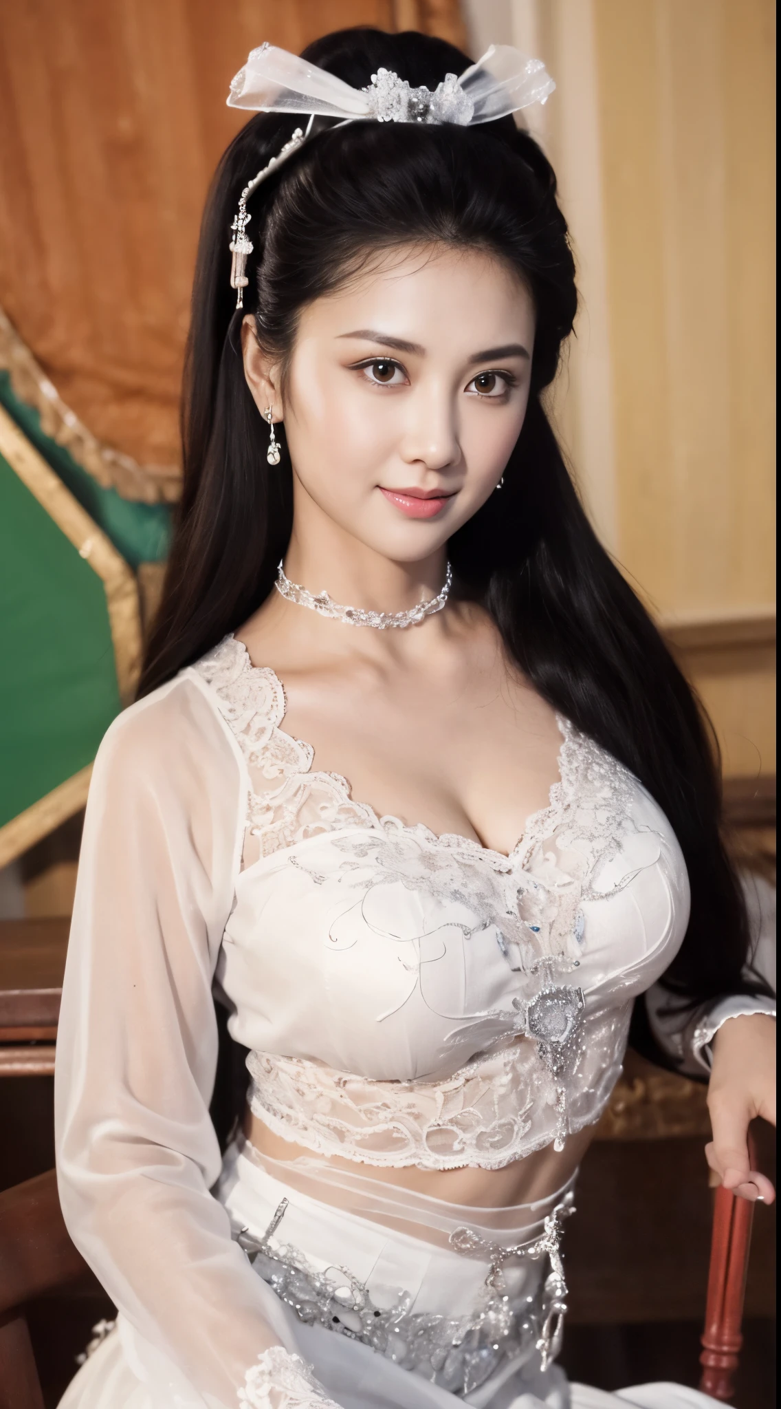 ((midnight, need, 8k, masterpiece:1.3)), Full body female love, height 1.7 meters，Leg length, focus:1.2, Beautiful woman with perfect body:1.4, Slim abs:1.1, ((Dark brown hair, :1.2 )), (female teacher，Translucent deep V white shirt，mini skirt，high heels 1.2), (sit on the chair，‎Classroom:1.3)), Highly detailed face and skin textures, exquisite eyes, double eyelids，big breasts，White complexion。