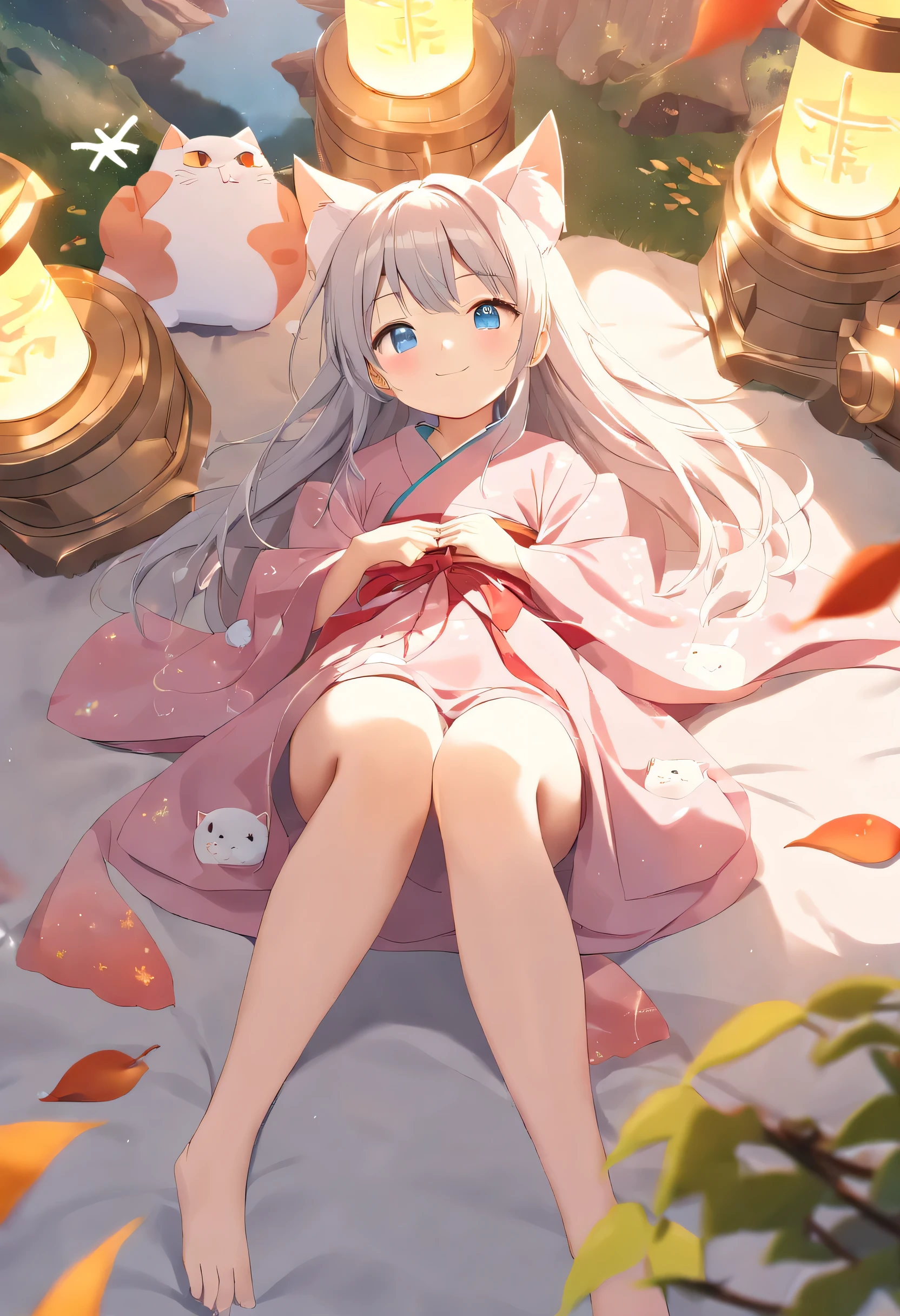 Beautiful illustration、top quality、cute little女孩、、pastel colors、furry cat ears、small、Long silver hair、stuffed cat、bright lights、bright light blue eyes、Masterpiece+++、top quality++、4k+++、8k+++、beautiful turd、cute little++、cute face+++、evil smile++、faint smile、Beautiful scenery++、outdoor、night、hot++、fantasy+、Monte、shrine++、colorful leaves++、water、Raise your feet、kimono、bare legs、bow ribbon、hair accessories、Lying on your back、tension、looking at camera、Lighting effects++、movie lighting++、wind effect++、eye focus++、from above+、Bright colors+、Red++