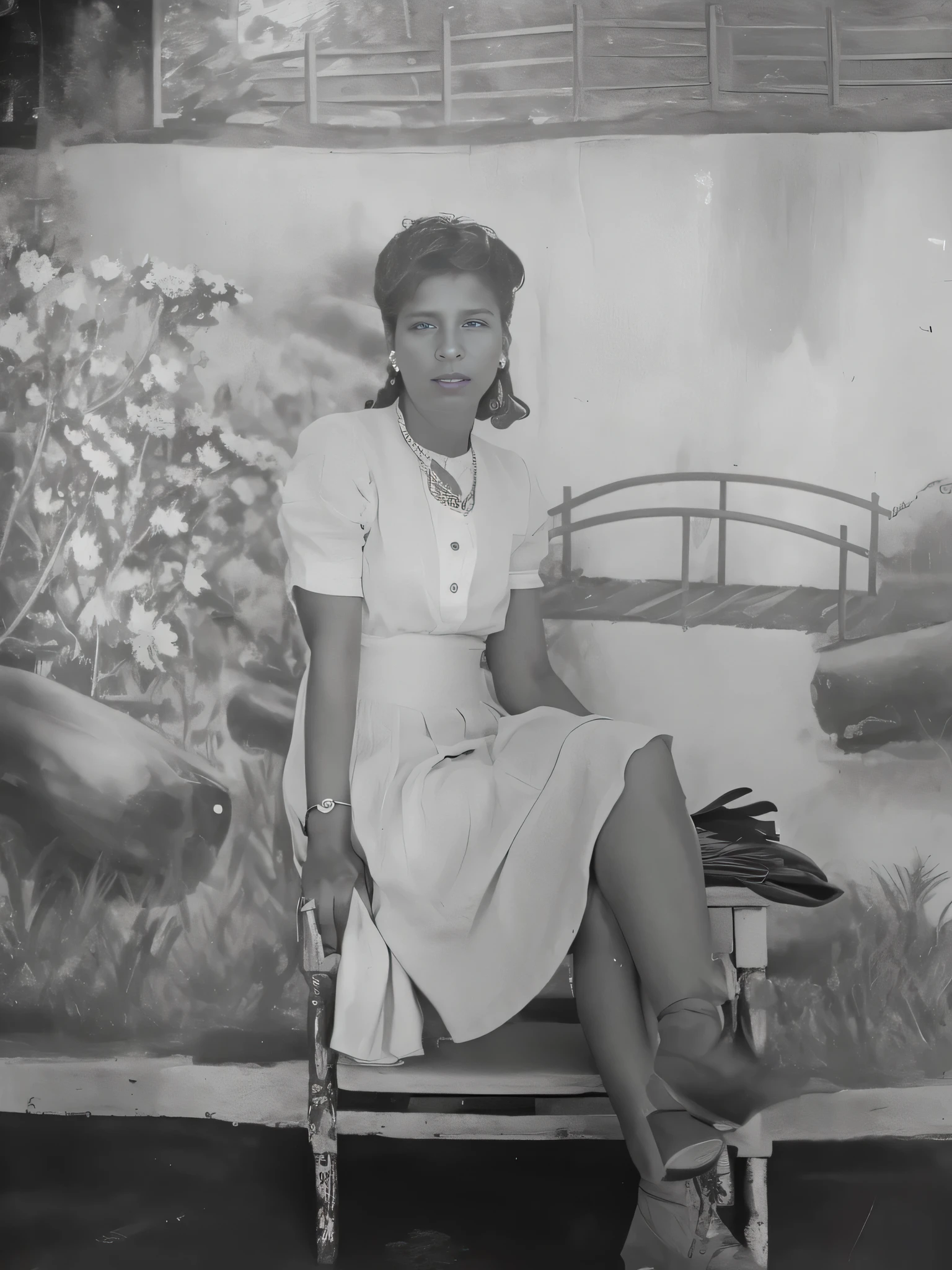 Mujer arafed sentada en un banco frente a un cuadro., foto de una mujer negra, mujer posando, artista desconocido, photo from the 1940s, Location unknown, Classic portrait, inspirado en Gladys Kathleen Bell, 1940 photography, inspirado en Gordon Parks, foto de 1940, retrato, foto fija de, foto de retrato