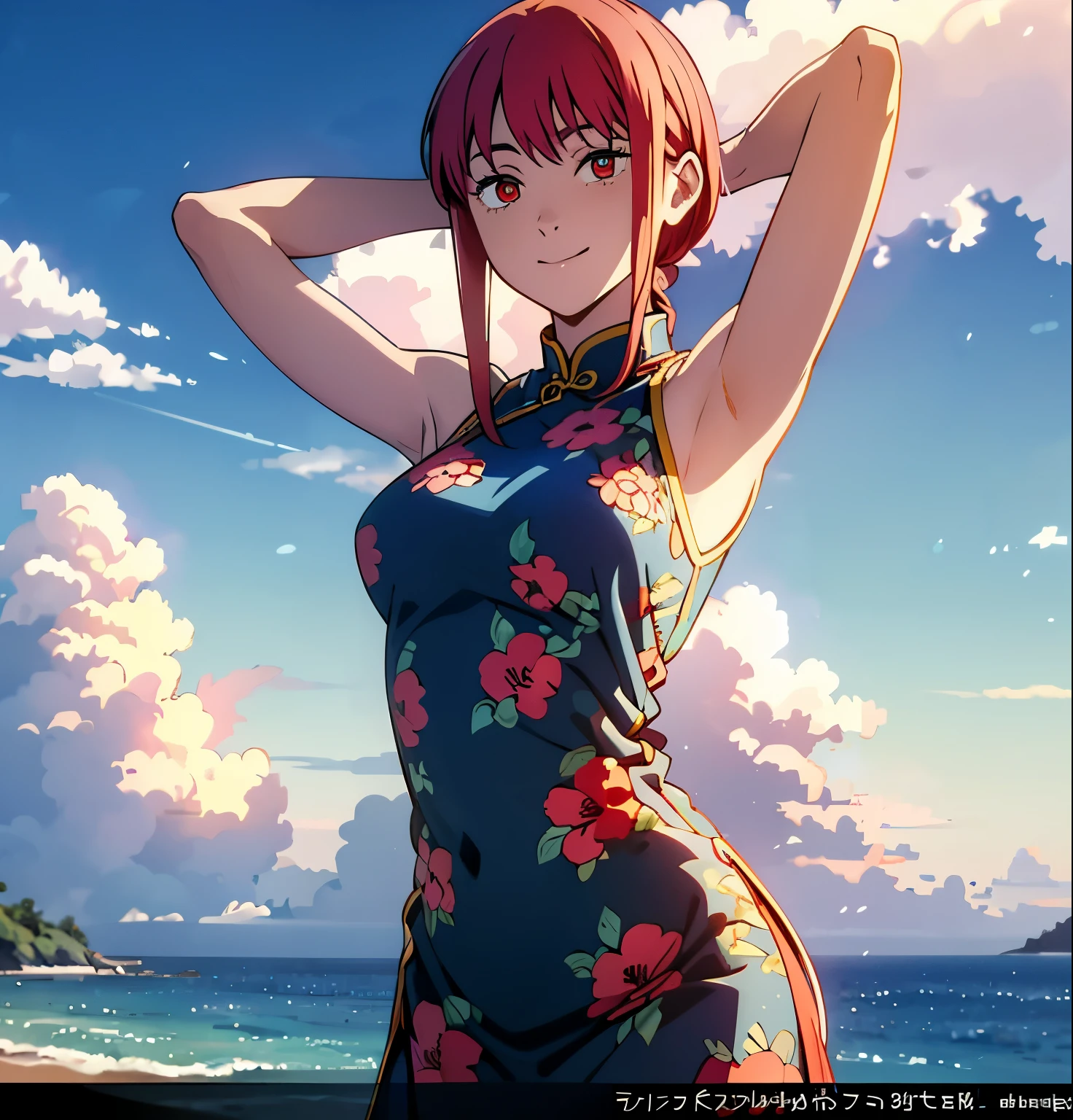 (masterpiece, best quality, high resolution, animescreencap, anime colored,), (perfect anatomy, beautiful detailed eyes, beautiful detailed body, beautiful breast, shiny skin), 1girl, red hair, side bangs, braided ponytail, medium breasts, smiling,red eyes, ringed eyes, arms up behind head , armpits, looking at viewer, blushing,, ocean, blue sea, blue sky, clouds, sun, red, chinese dress, flower design