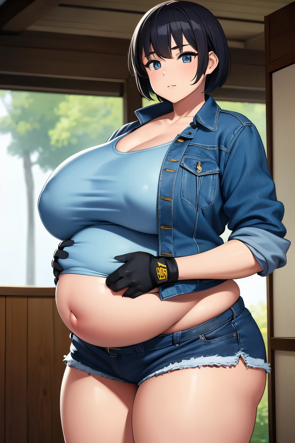 Masterpiece,8k, perfect face highly detailed,HDR, ultra realistic photoshoot, absurdres,award winning photo, extremely detailed, amazing, fine detail, KazAsuka, Japanese woman, blue crop top, big breasts, denim jacket and minishorts, short black hair, MMA gloves, posing for a picture,Obese, Big Baby Bump pregnant, Big , Big pregnant Belly, Big Pregnant girl, Largest Belly of Pregnant, Huge Pregnancy, Huge 9 months Pregnancy Belly, huge belly expansion, huge belly girl