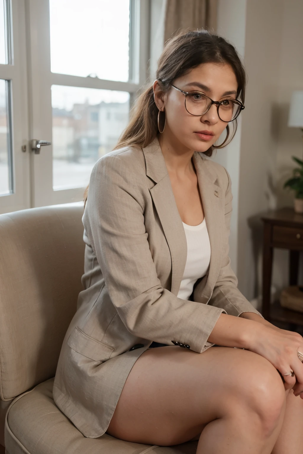 an old lady having wrinkles, brown complexion small eyes, long nose, puckered lips, wearing spectacles, hoop ring in ears, sitting on a chair,wearingg blazer bend forward 8k