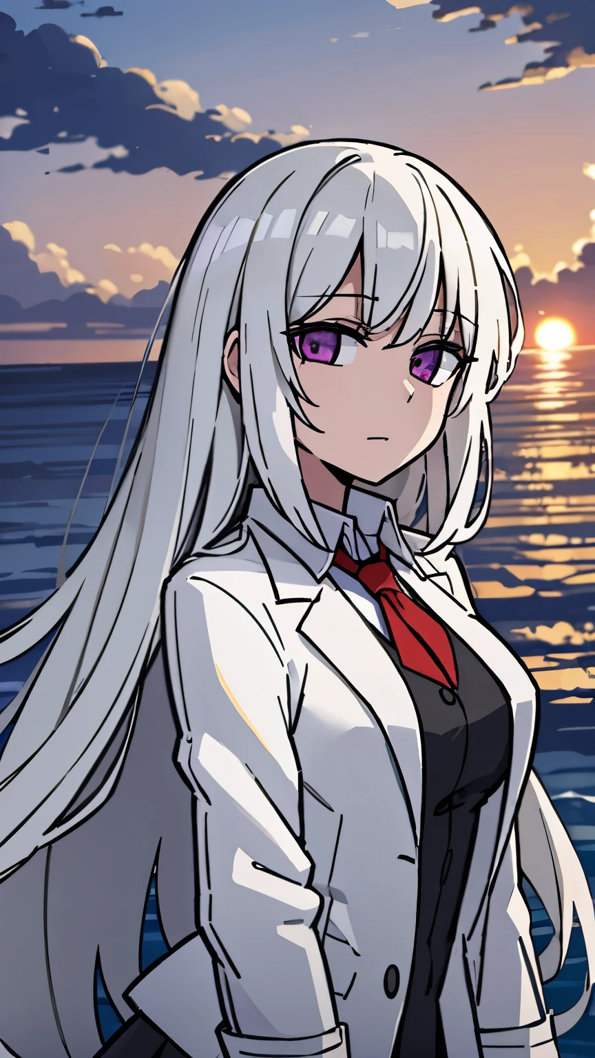 beach,seaside,Sunset,8k resolution,long white hair,purple eyes,white coat,black pleated skirt,proud expression