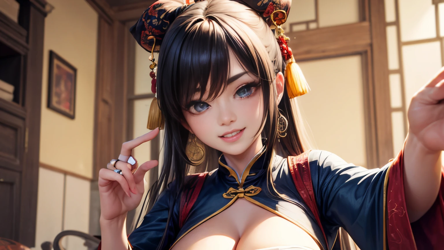 High resolution, 1 female, hip up, beautiful eyes, Ring-shaped eyes, jewelry, tattoo, Hanfu, chinese fairy, taoist uniform、cleavage、smile、3D rendering