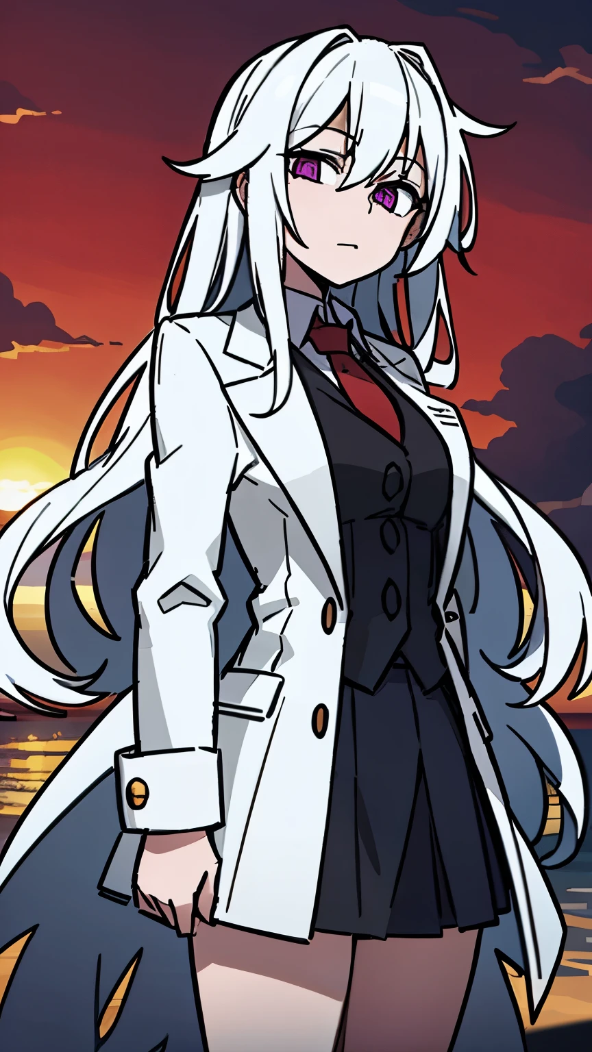 beach,seaside,Sunset,8k resolution,long white hair,purple eyes,white coat,black pleated skirt,proud expression